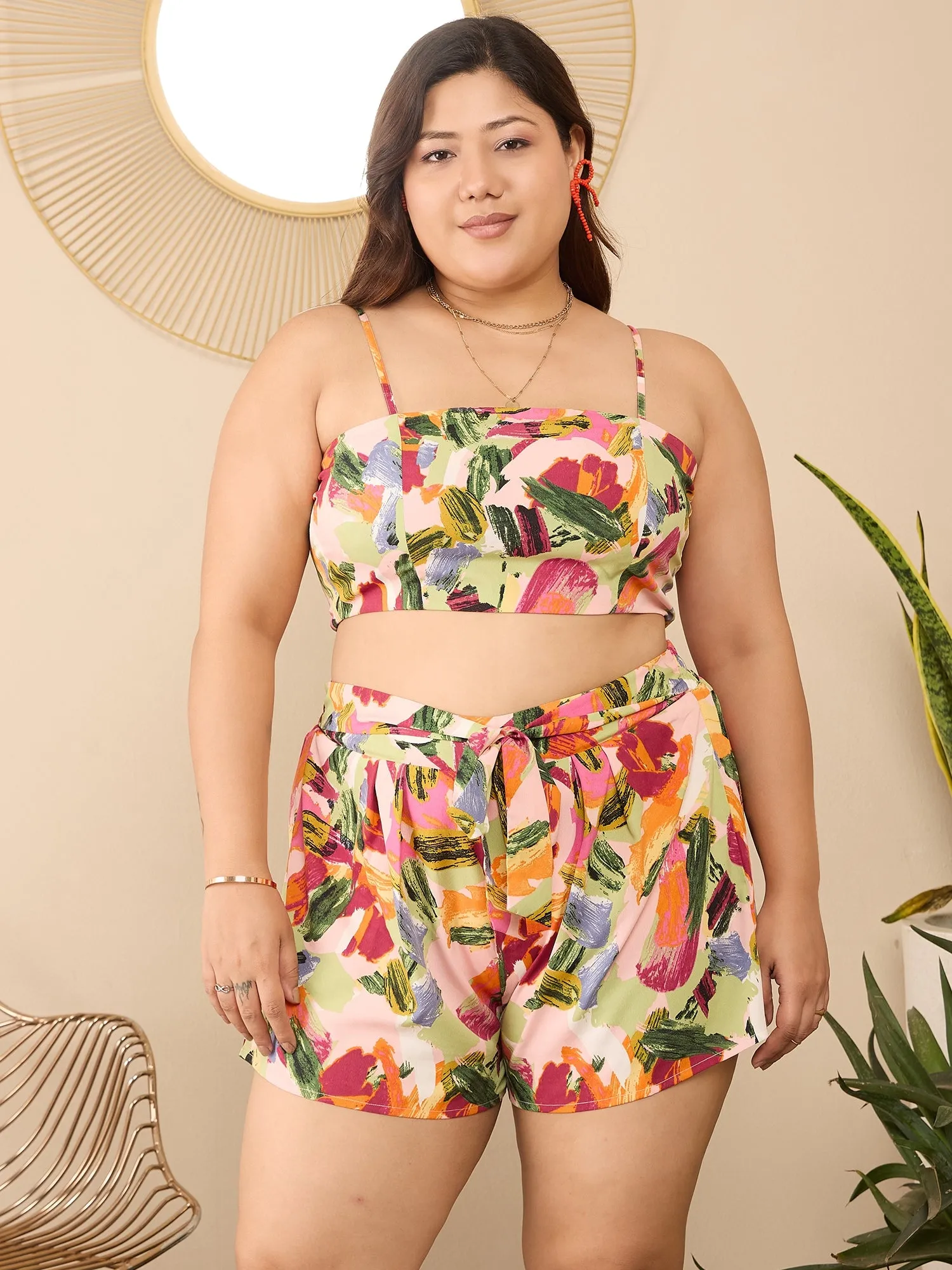 Berrylush Curve Women Pink Printed Shoulder Straps Crop Top and Longline Shrug With Mini Shorts