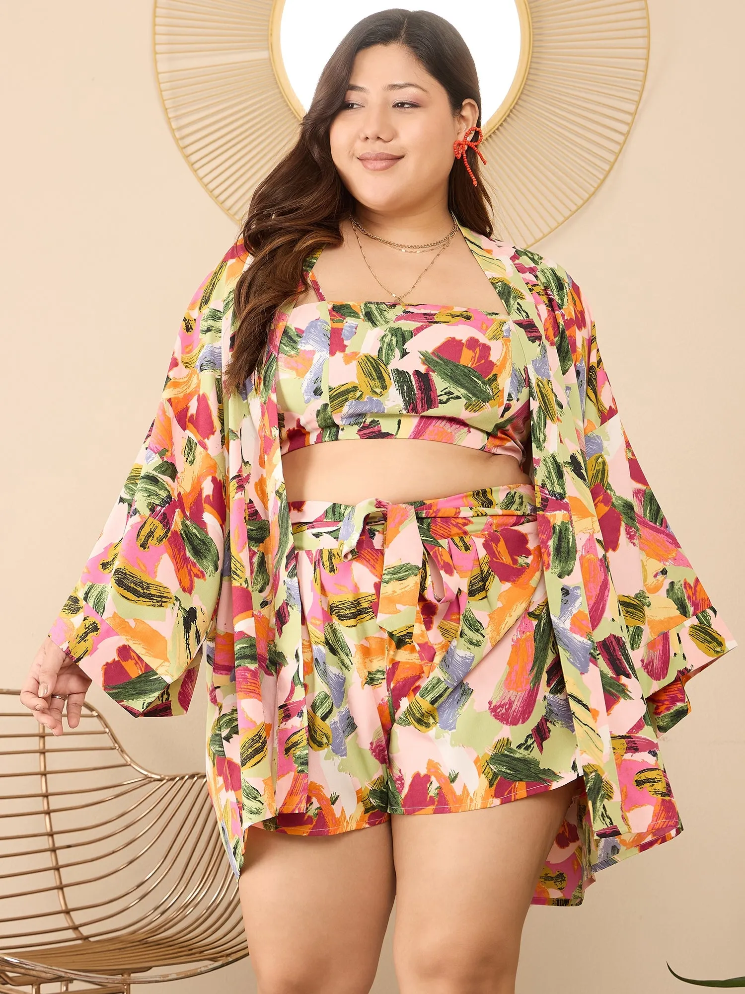 Berrylush Curve Women Pink Printed Shoulder Straps Crop Top and Longline Shrug With Mini Shorts