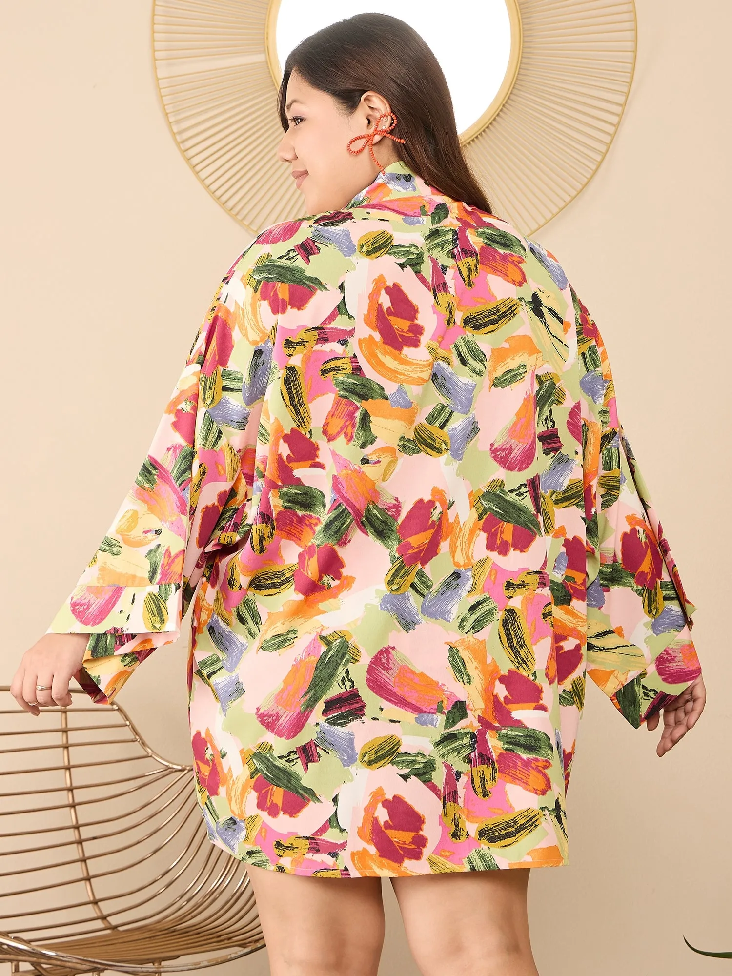 Berrylush Curve Women Pink Printed Shoulder Straps Crop Top and Longline Shrug With Mini Shorts