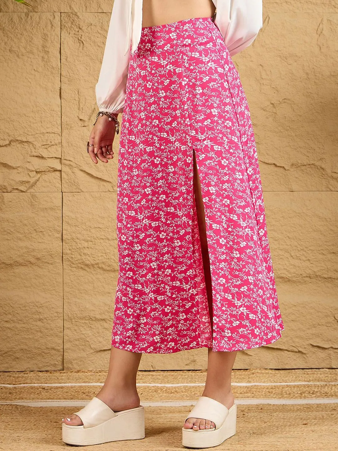 Berrylush Women Floral Print High Waist A-Line Front Slit Midi Skirts