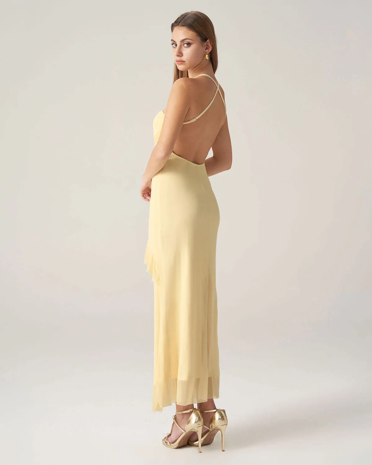 Bettydress-Yellow Backless Slip Maxi Dress