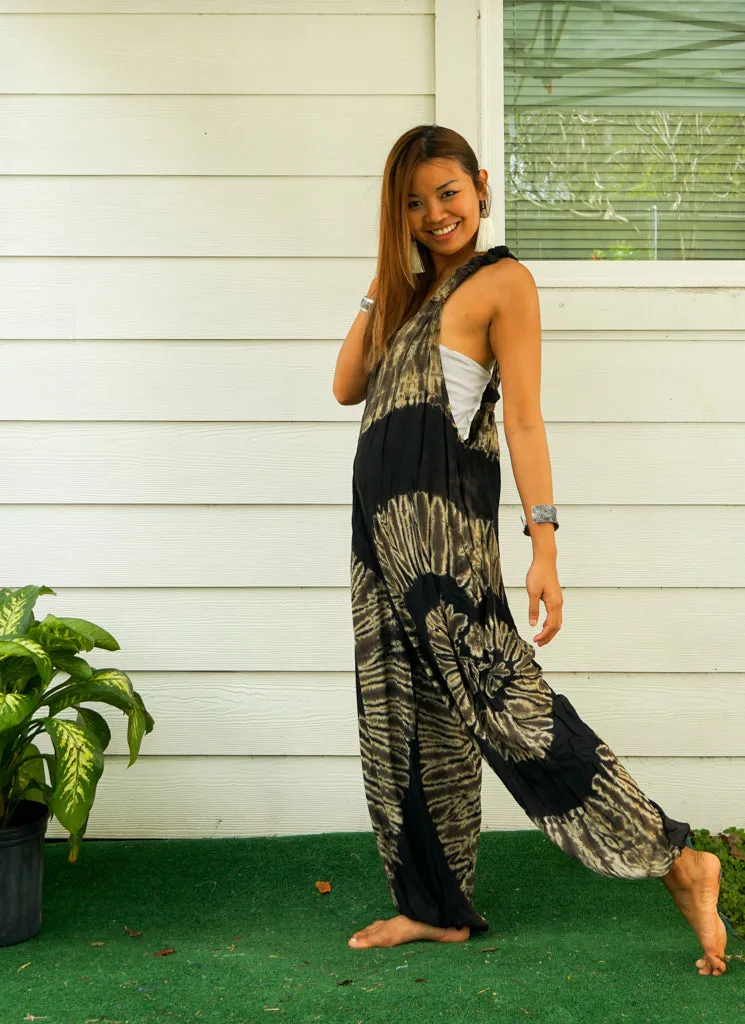 Black and White Side Swirl Hand Dyed Hippie Racerback Jumpsuit Romper