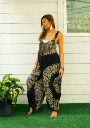 Black and White Side Swirl Hand Dyed Hippie Racerback Jumpsuit Romper