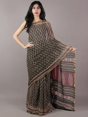 Black Beige Maroon Hand Block Printed Chiffon Saree - S031701818