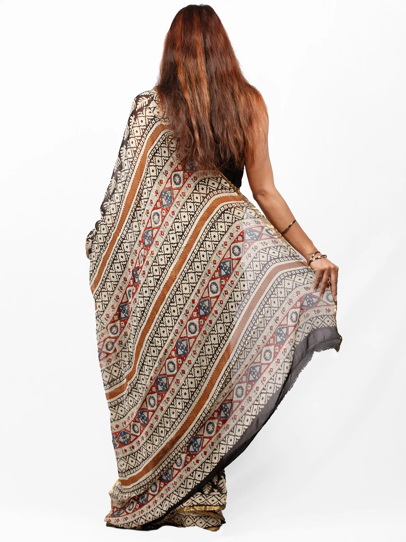 Black Beige Maroon Hand Block Printed Chiffon Saree with Zari Border - S031703420