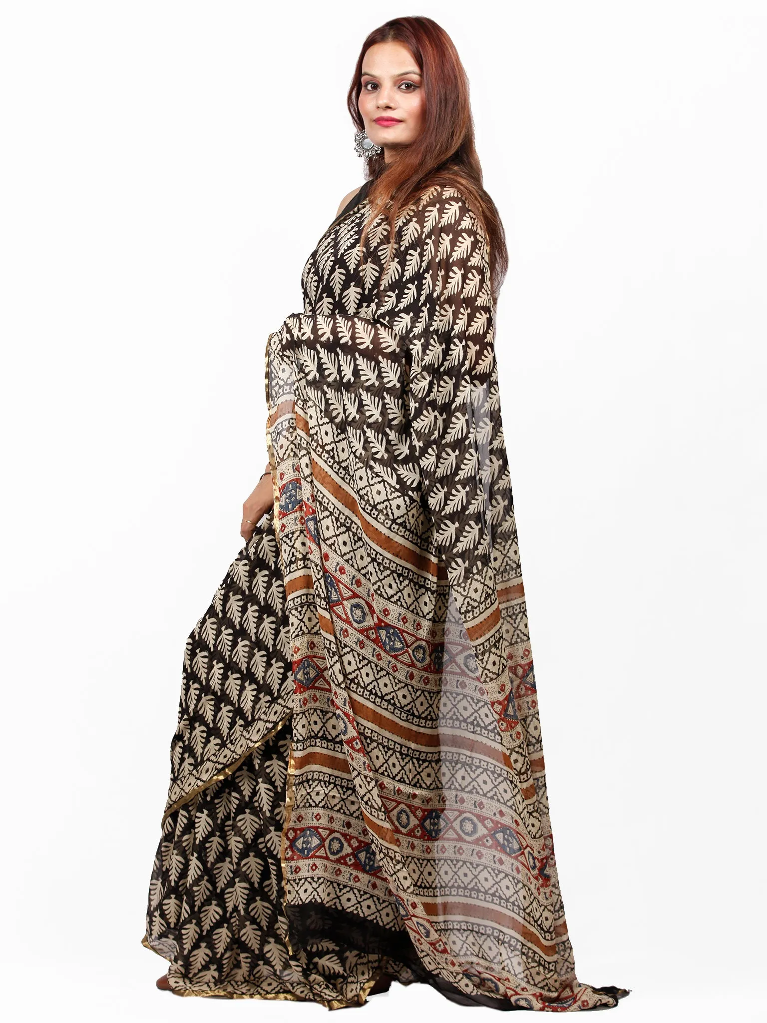 Black Beige Maroon Hand Block Printed Chiffon Saree with Zari Border - S031703420