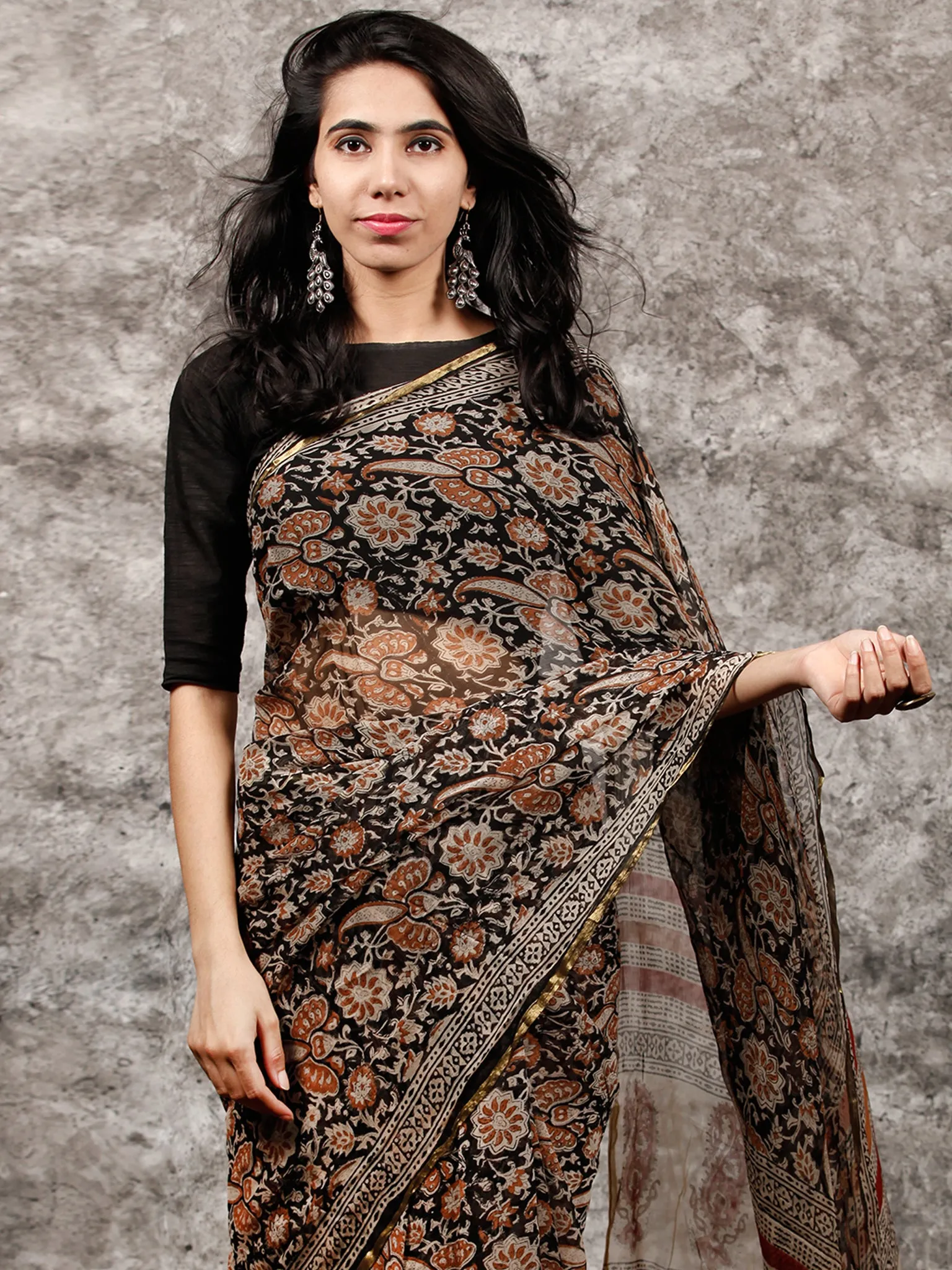 Black Beige Rust Hand Block Printed Chiffon Saree with Zari Border - S031703498