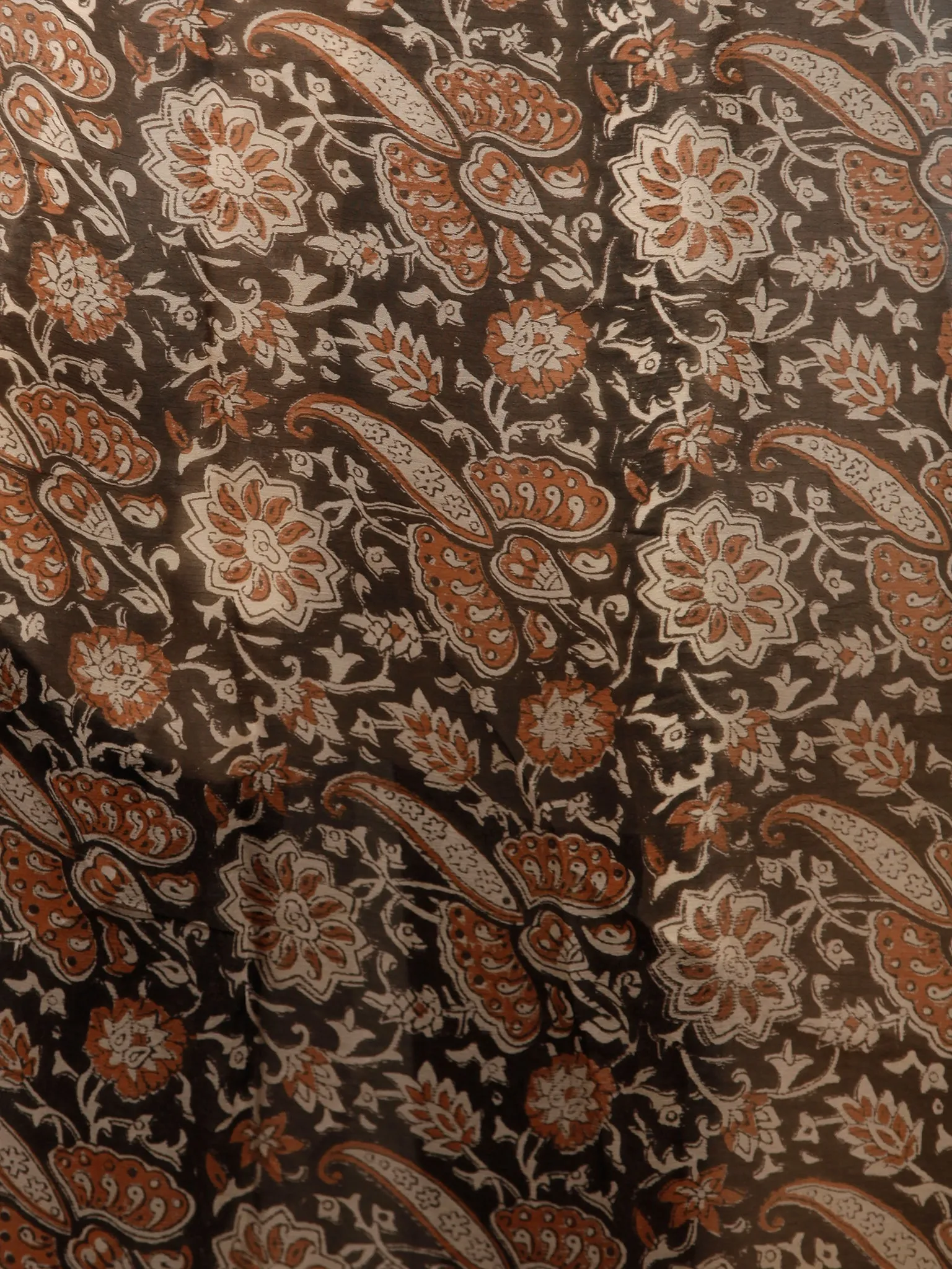 Black Beige Rust Hand Block Printed Chiffon Saree with Zari Border - S031703498