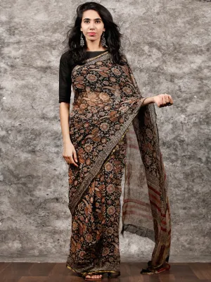 Black Beige Rust Hand Block Printed Chiffon Saree with Zari Border - S031703498
