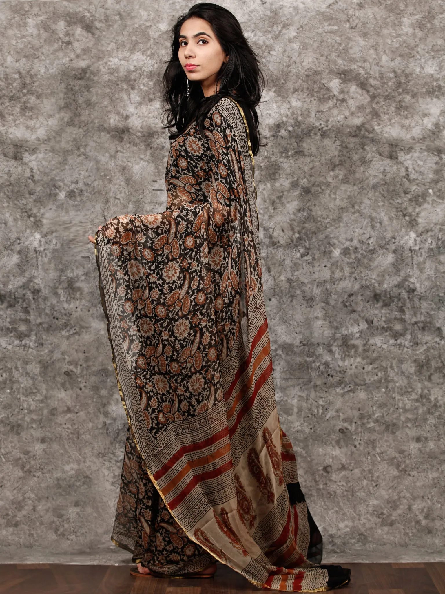 Black Beige Rust Hand Block Printed Chiffon Saree with Zari Border - S031703498