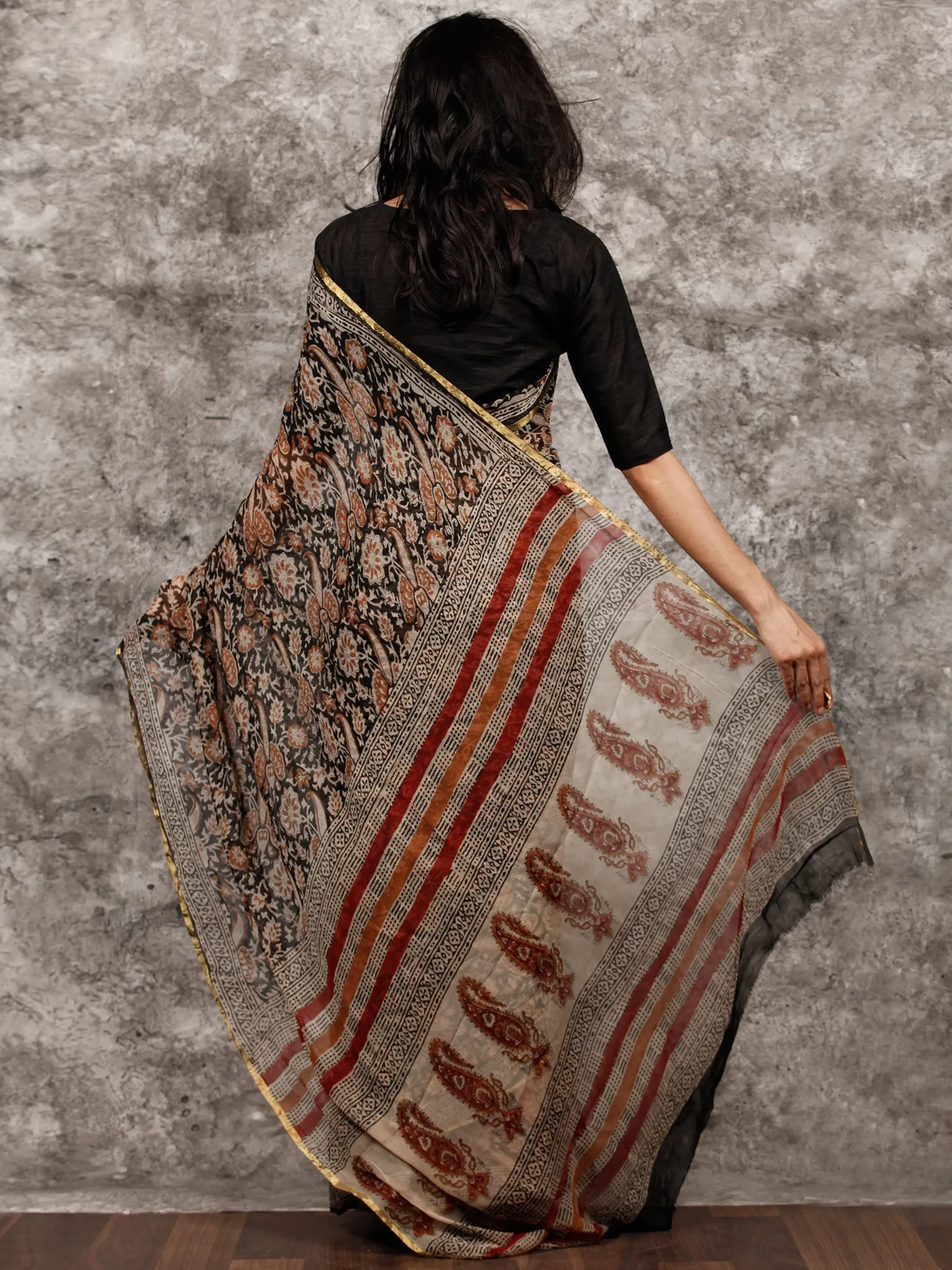 Black Beige Rust Hand Block Printed Chiffon Saree with Zari Border - S031703498