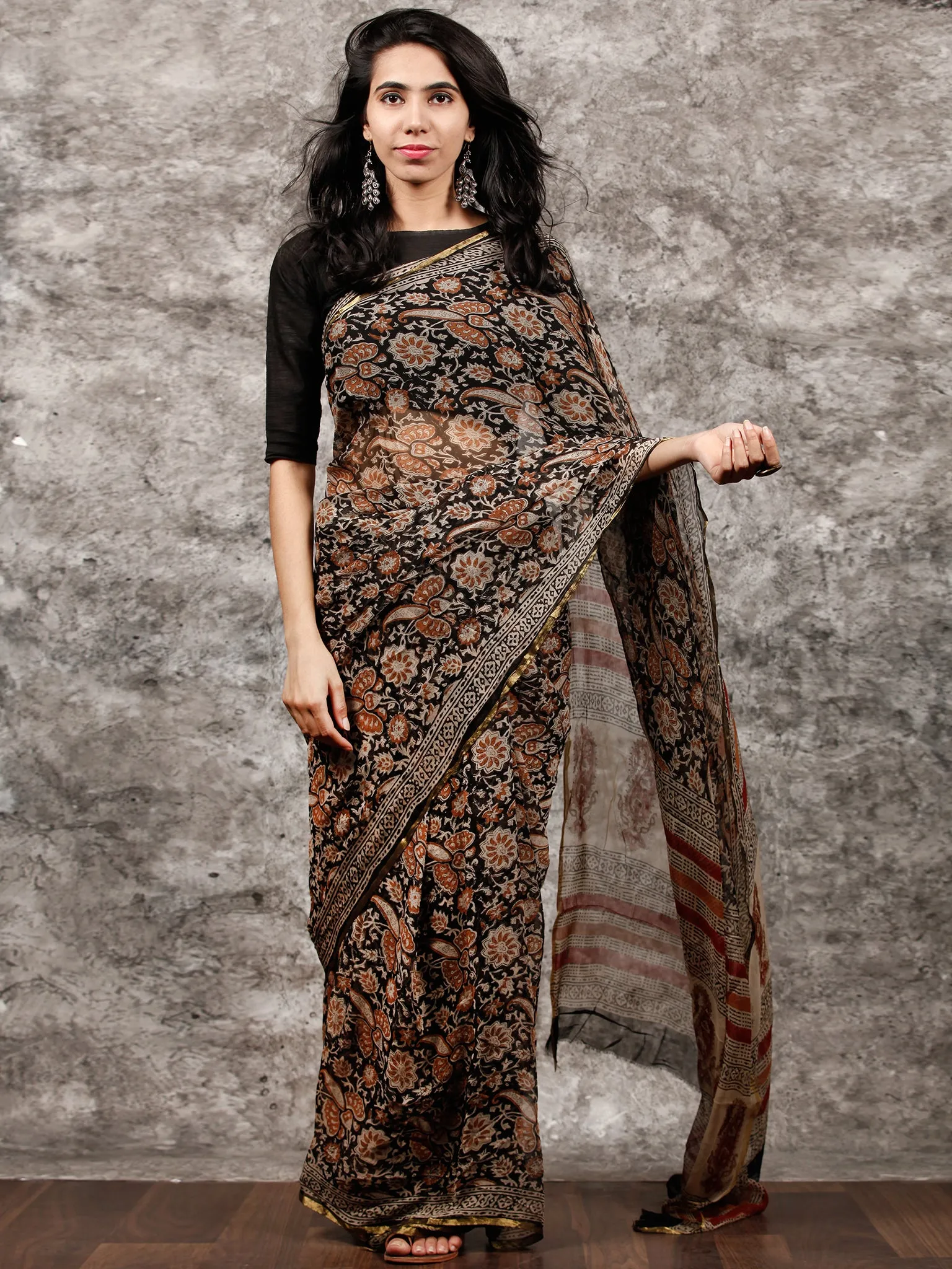 Black Beige Rust Hand Block Printed Chiffon Saree with Zari Border - S031703498