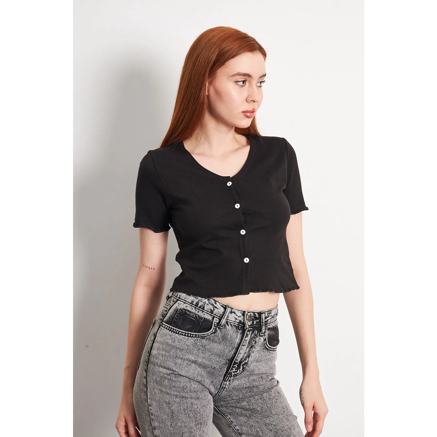 Black Button Down Crop Top