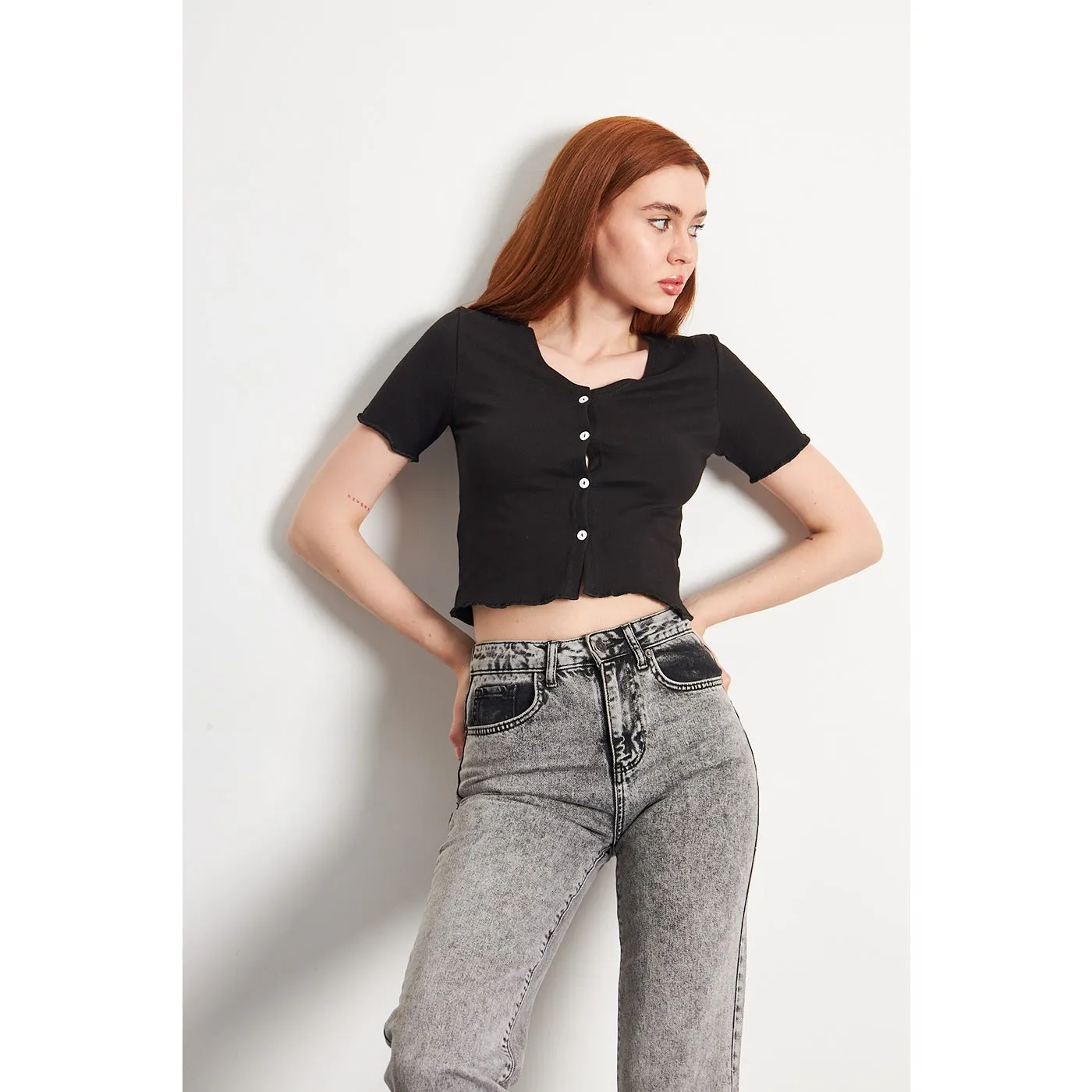Black Button Down Crop Top
