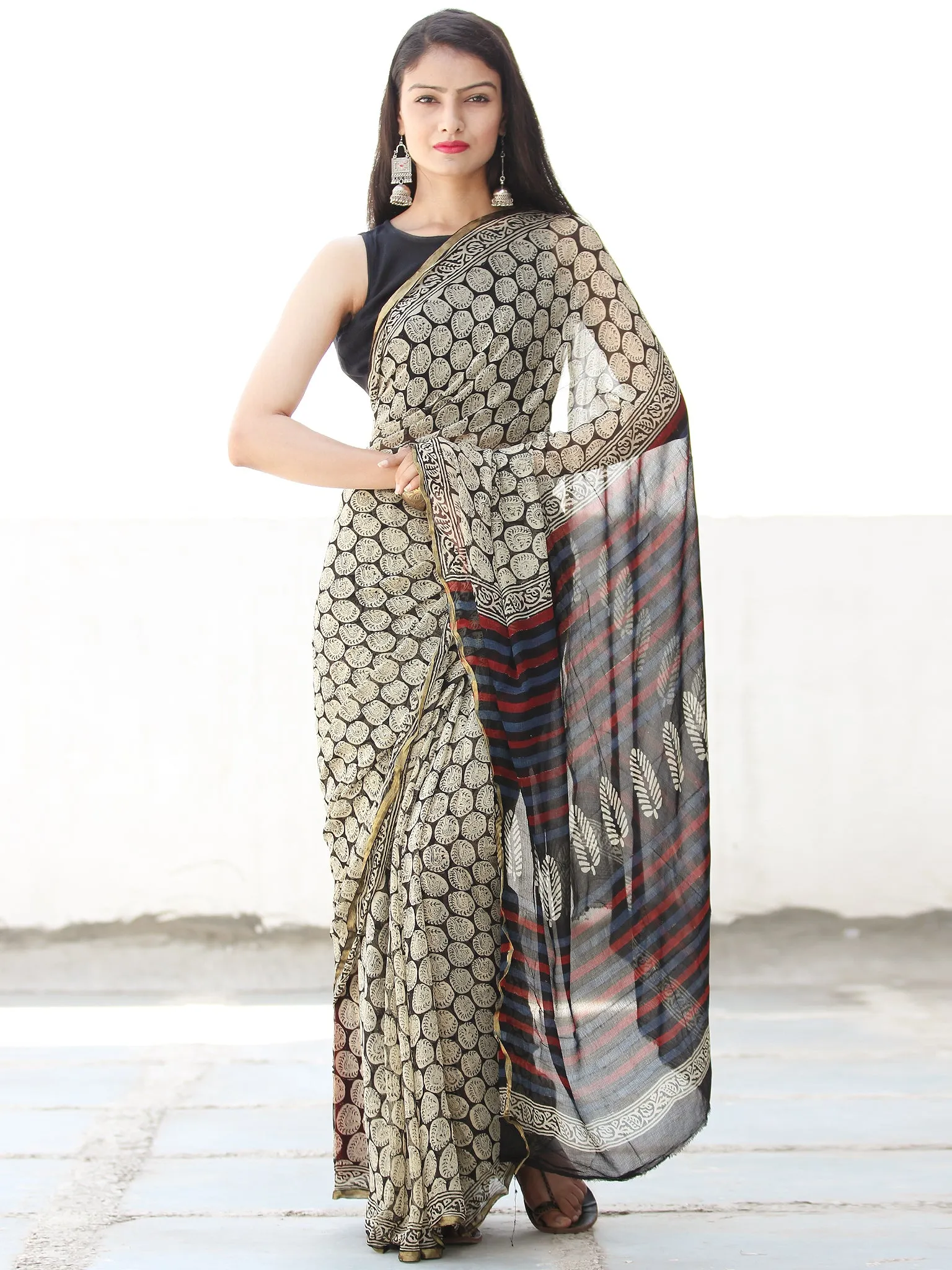 Black Ivory Red Hand Block Printed Chiffon Saree with Zari Border - S031703916