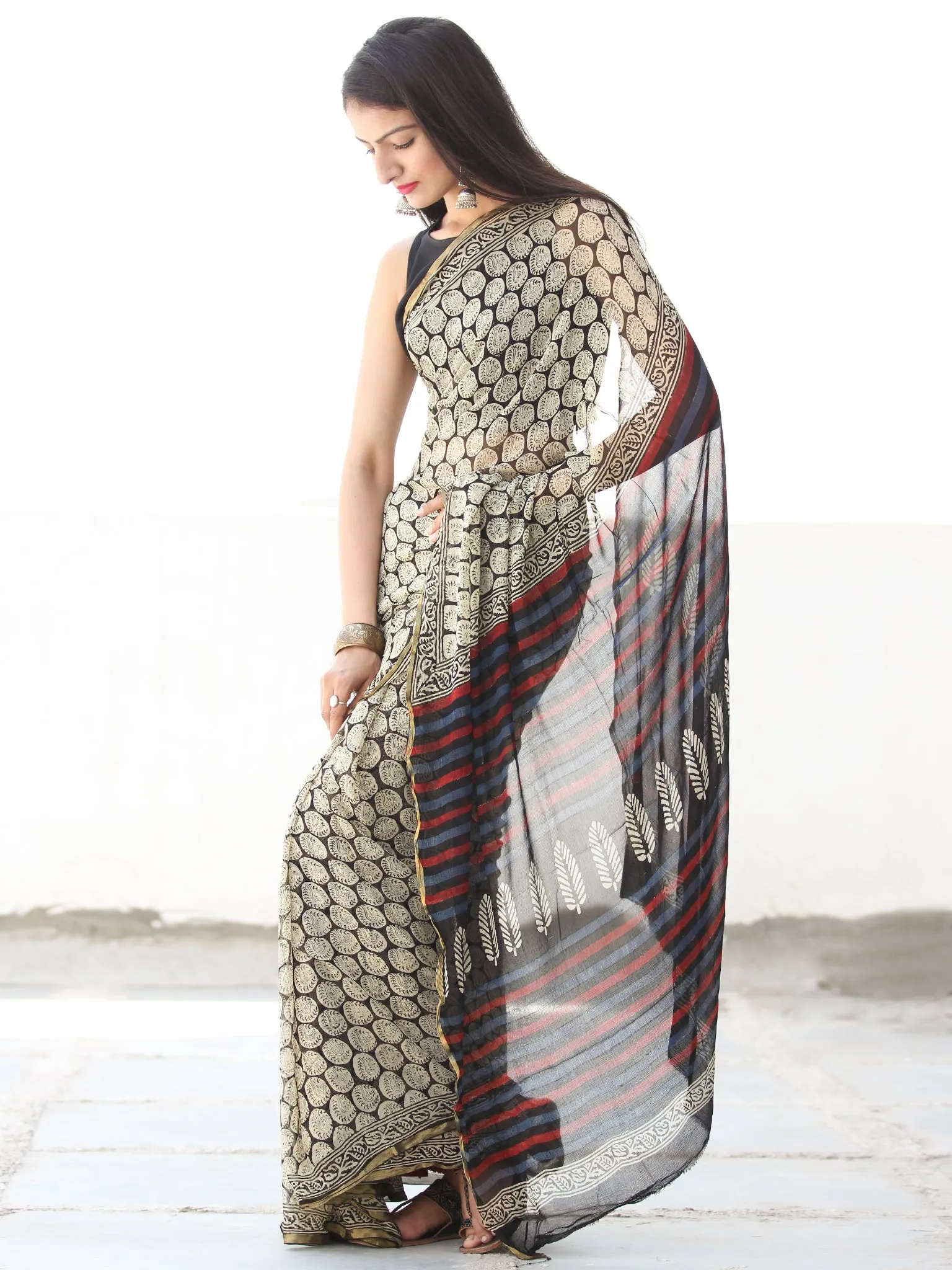 Black Ivory Red Hand Block Printed Chiffon Saree with Zari Border - S031703916