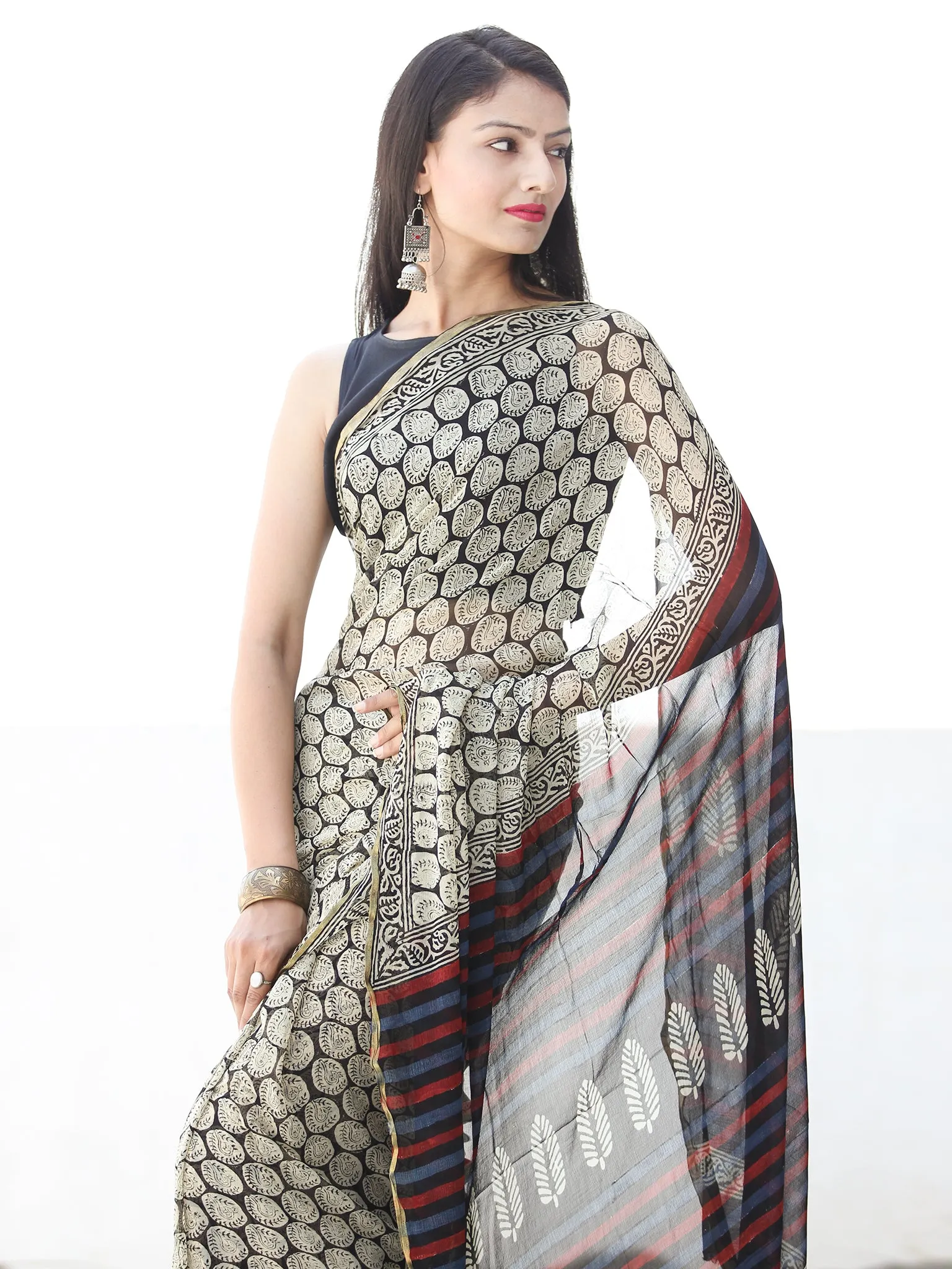 Black Ivory Red Hand Block Printed Chiffon Saree with Zari Border - S031703916