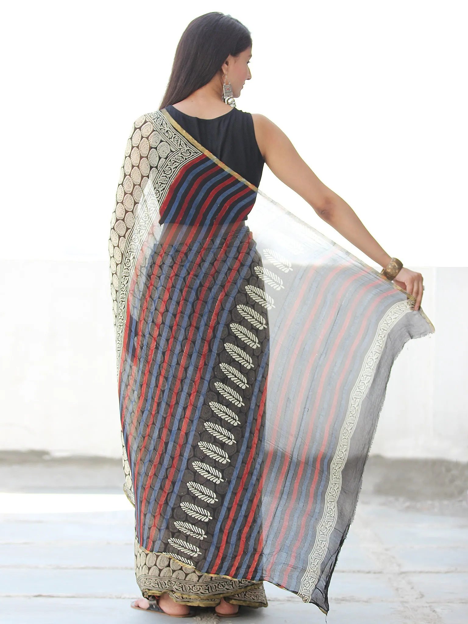 Black Ivory Red Hand Block Printed Chiffon Saree with Zari Border - S031703916