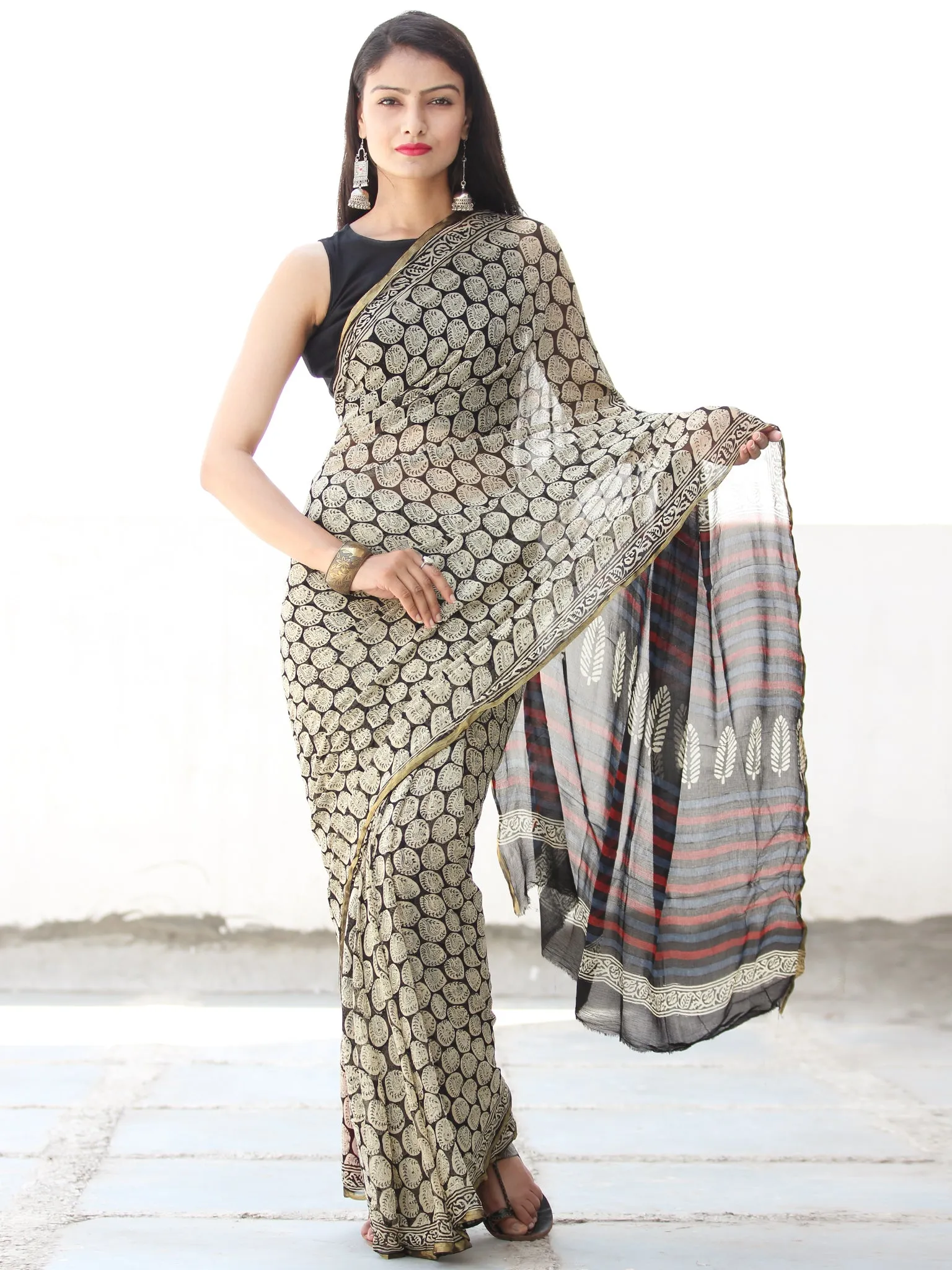 Black Ivory Red Hand Block Printed Chiffon Saree with Zari Border - S031703916