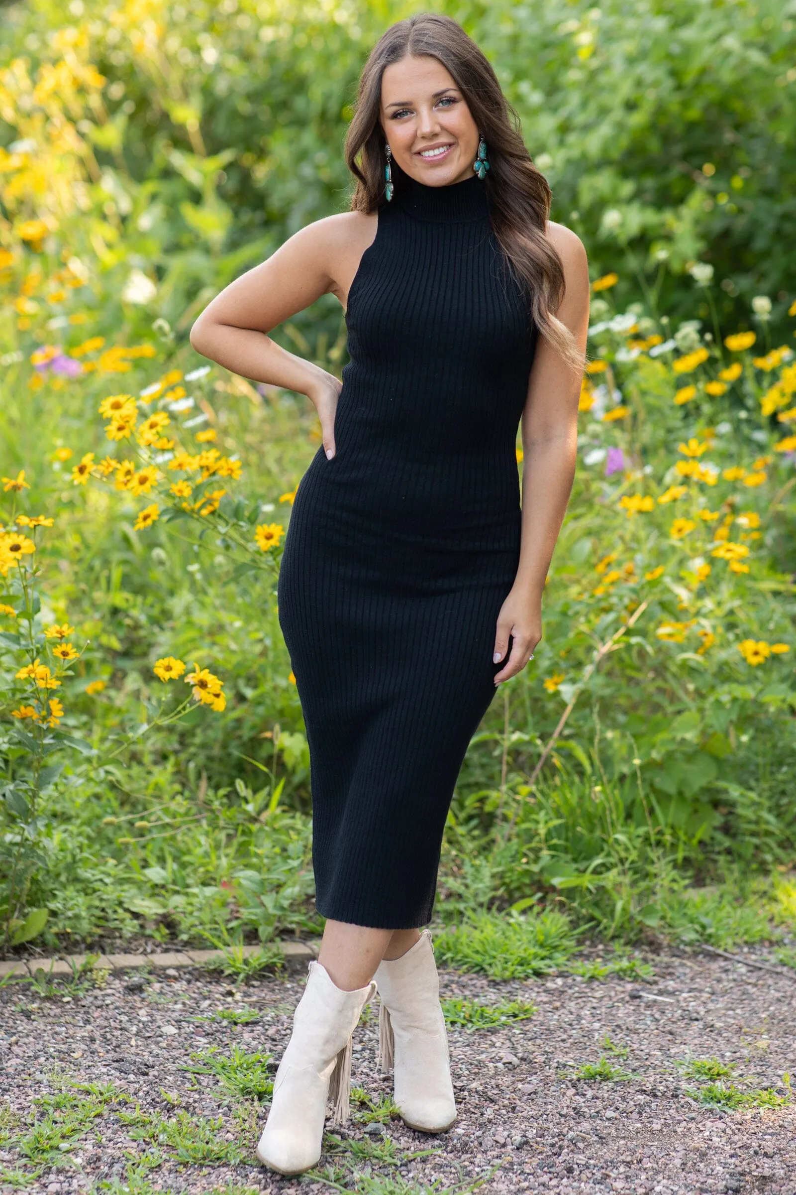 Black Mock Neck Sleeveless Bodycon Dress