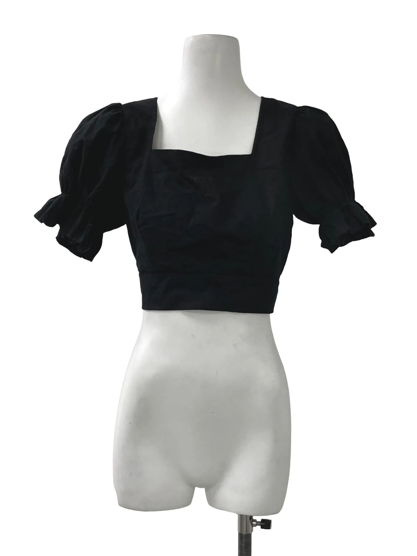 Black Open Back Puff Sleeve Crop Top