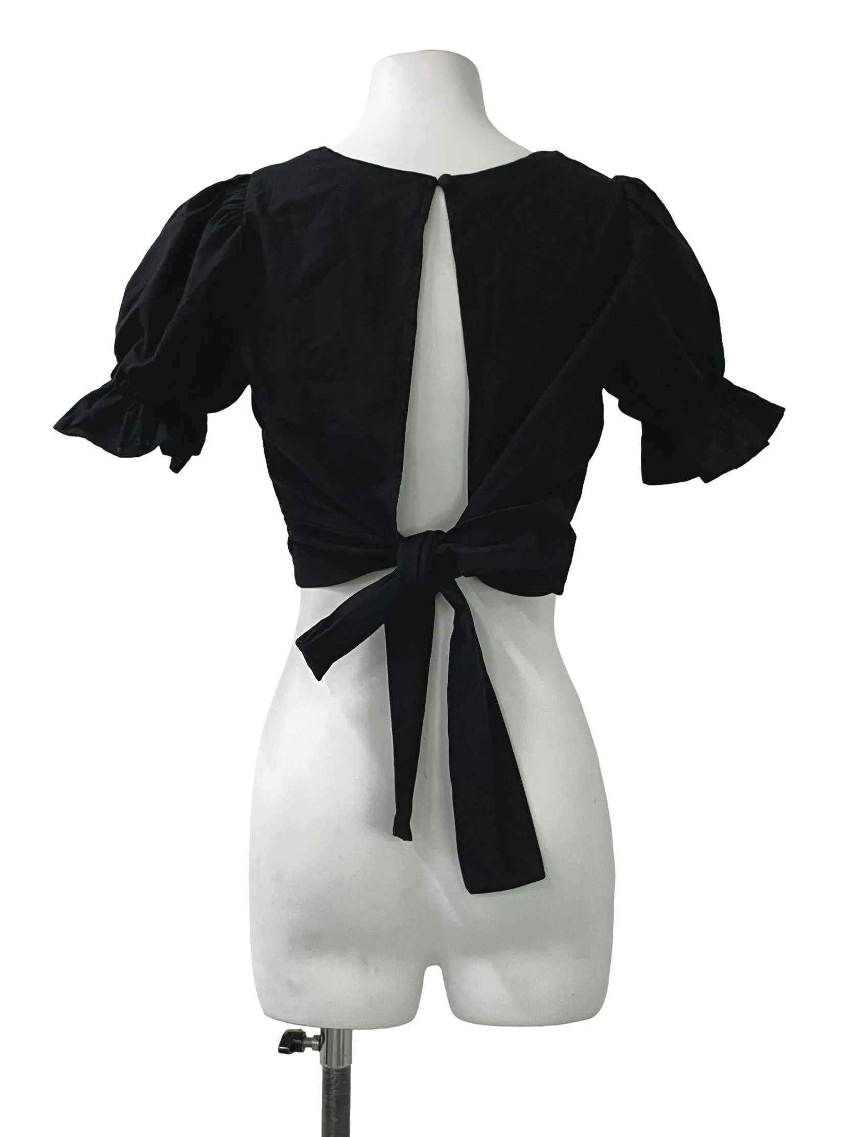 Black Open Back Puff Sleeve Crop Top