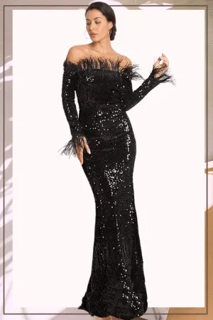 Black Sequin Strapless Feather Long Sleeve Maxi Dress