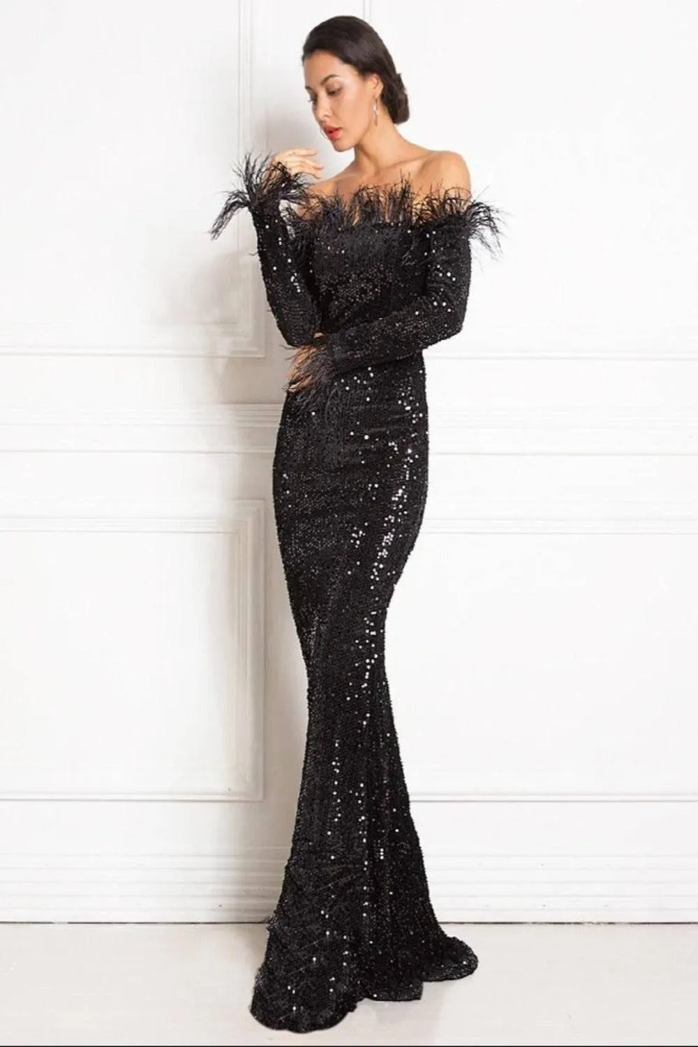 Black Sequin Strapless Feather Long Sleeve Maxi Dress