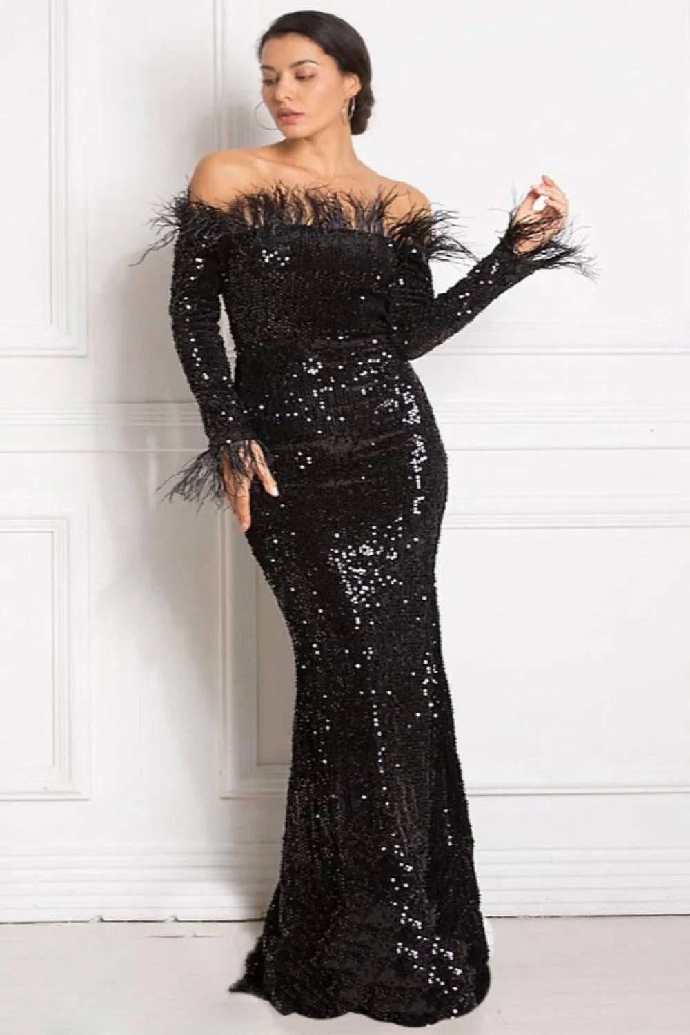 Black Sequin Strapless Feather Long Sleeve Maxi Dress