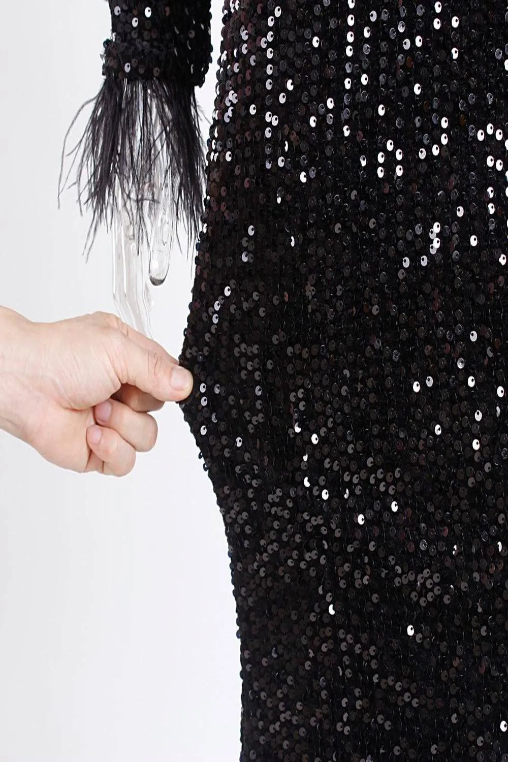 Black Sequin Strapless Feather Long Sleeve Maxi Dress