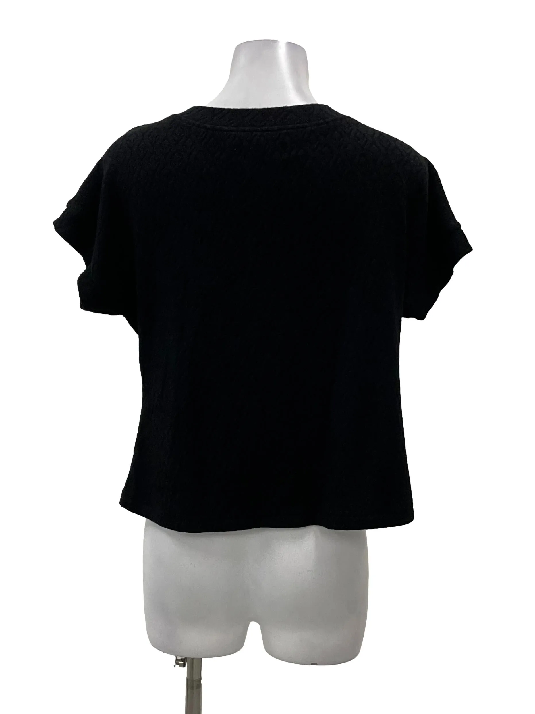 Black Textured V Neck Button Top