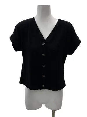 Black Textured V Neck Button Top