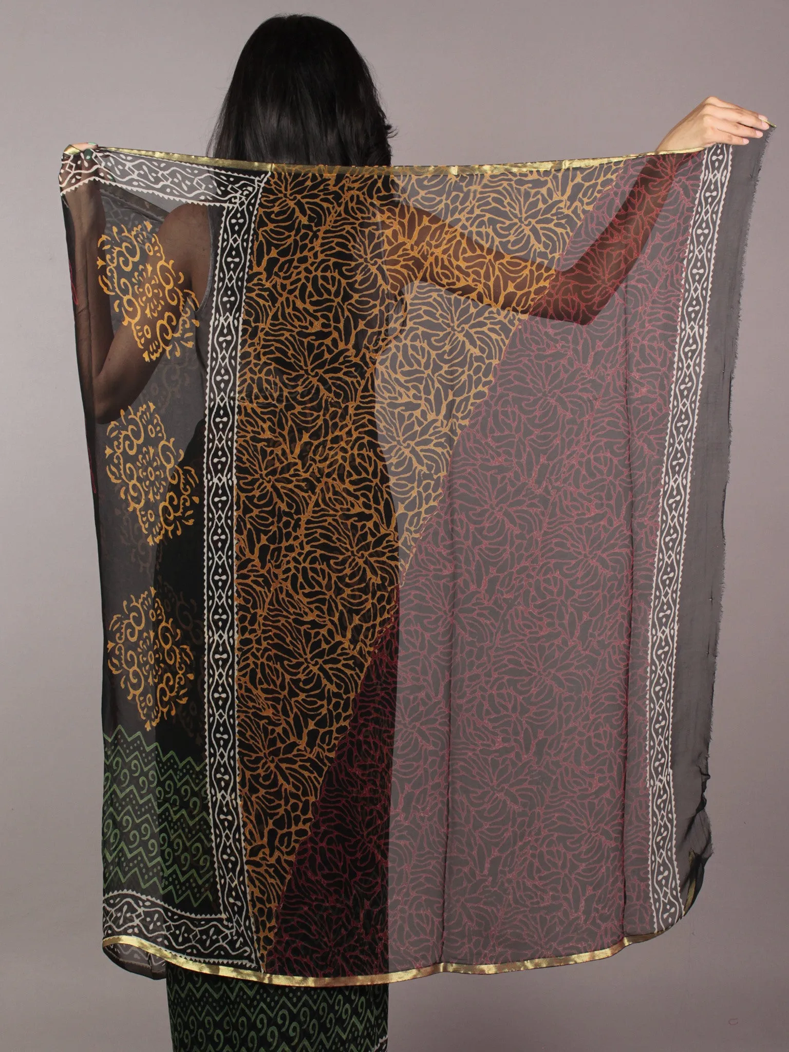 Black White Orange Green Red Hand Block Printed Chiffon Saree - S031701827