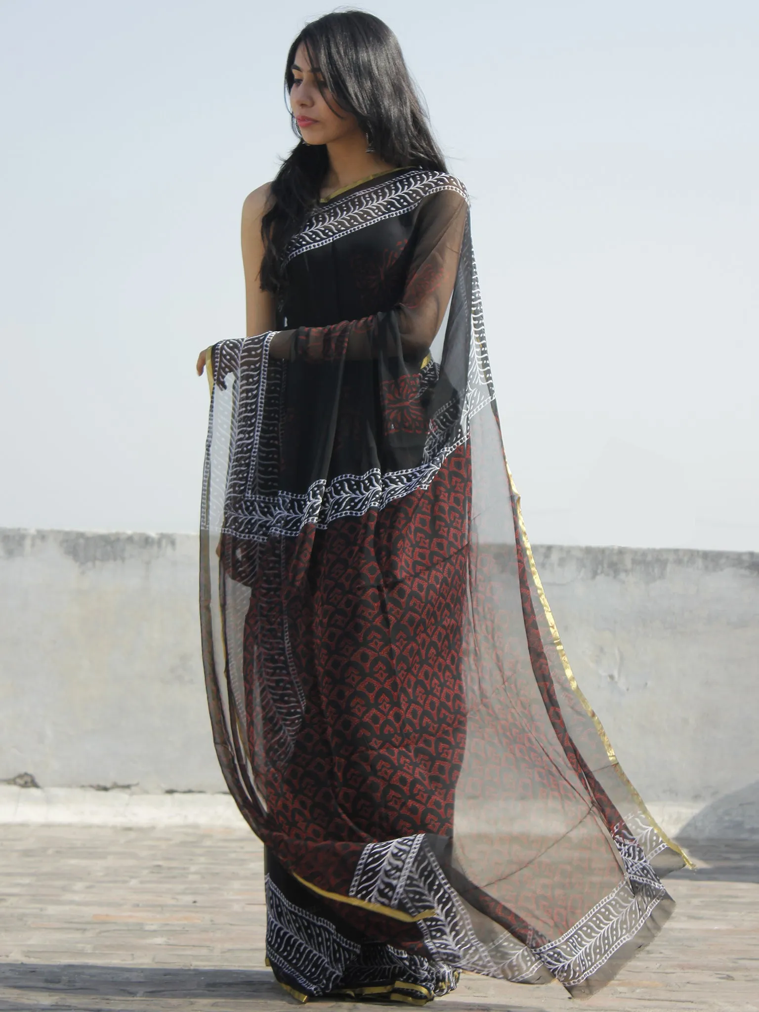 Black White Red Hand Block Printed Chiffon Saree - S031702317