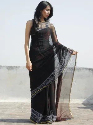 Black White Red Hand Block Printed Chiffon Saree - S031702317