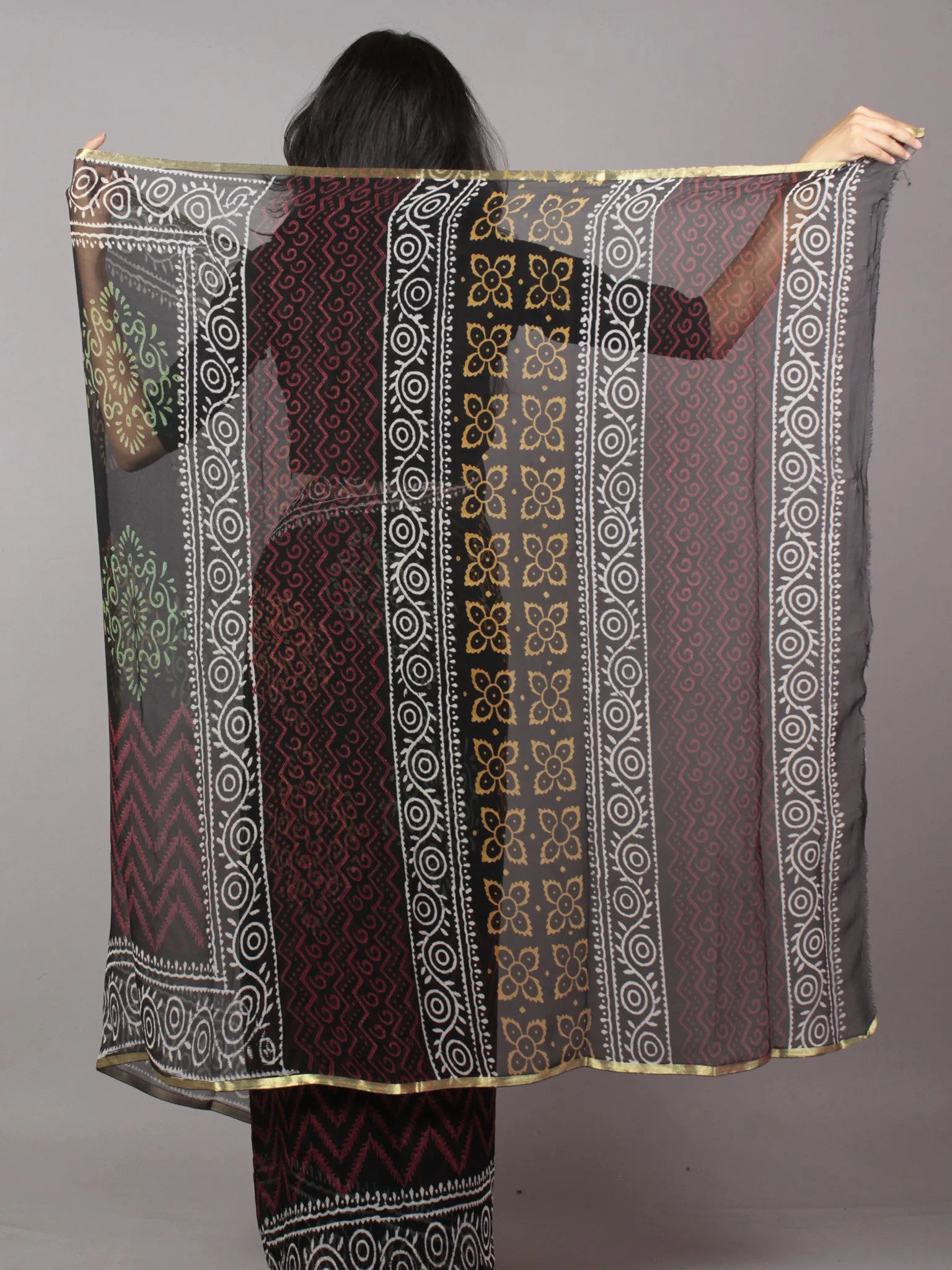 Black White Yellow Green Maroon Hand Block Printed Chiffon Saree - S031701679