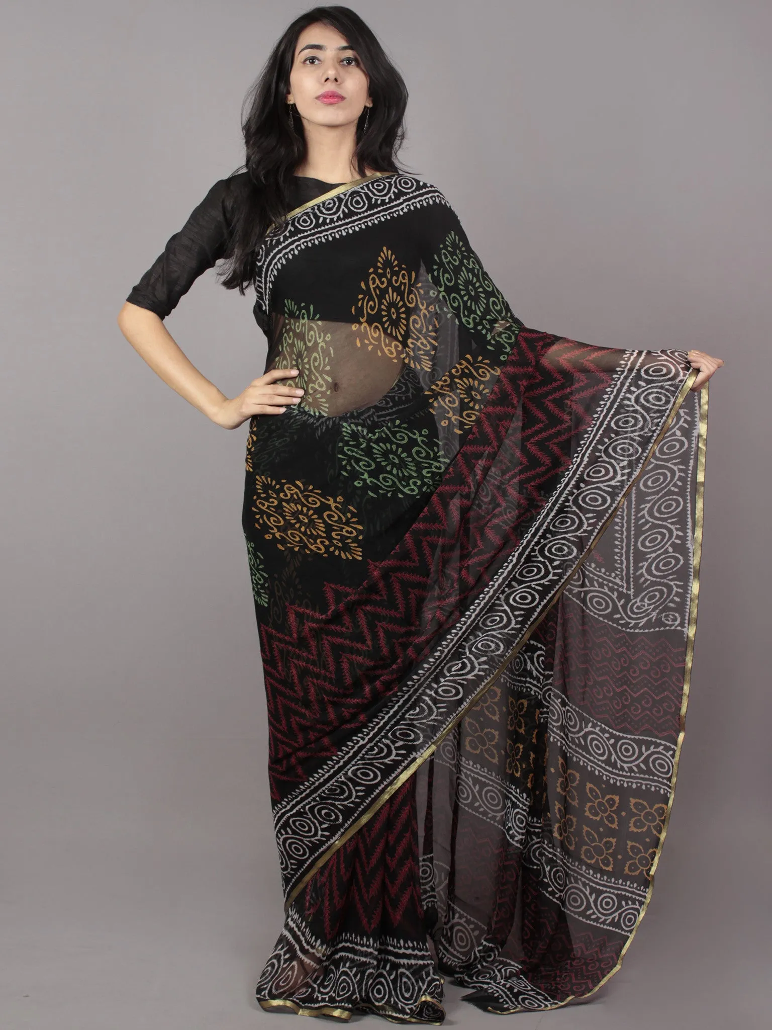 Black White Yellow Green Maroon Hand Block Printed Chiffon Saree - S031701679