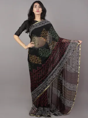Black White Yellow Green Maroon Hand Block Printed Chiffon Saree - S031701679