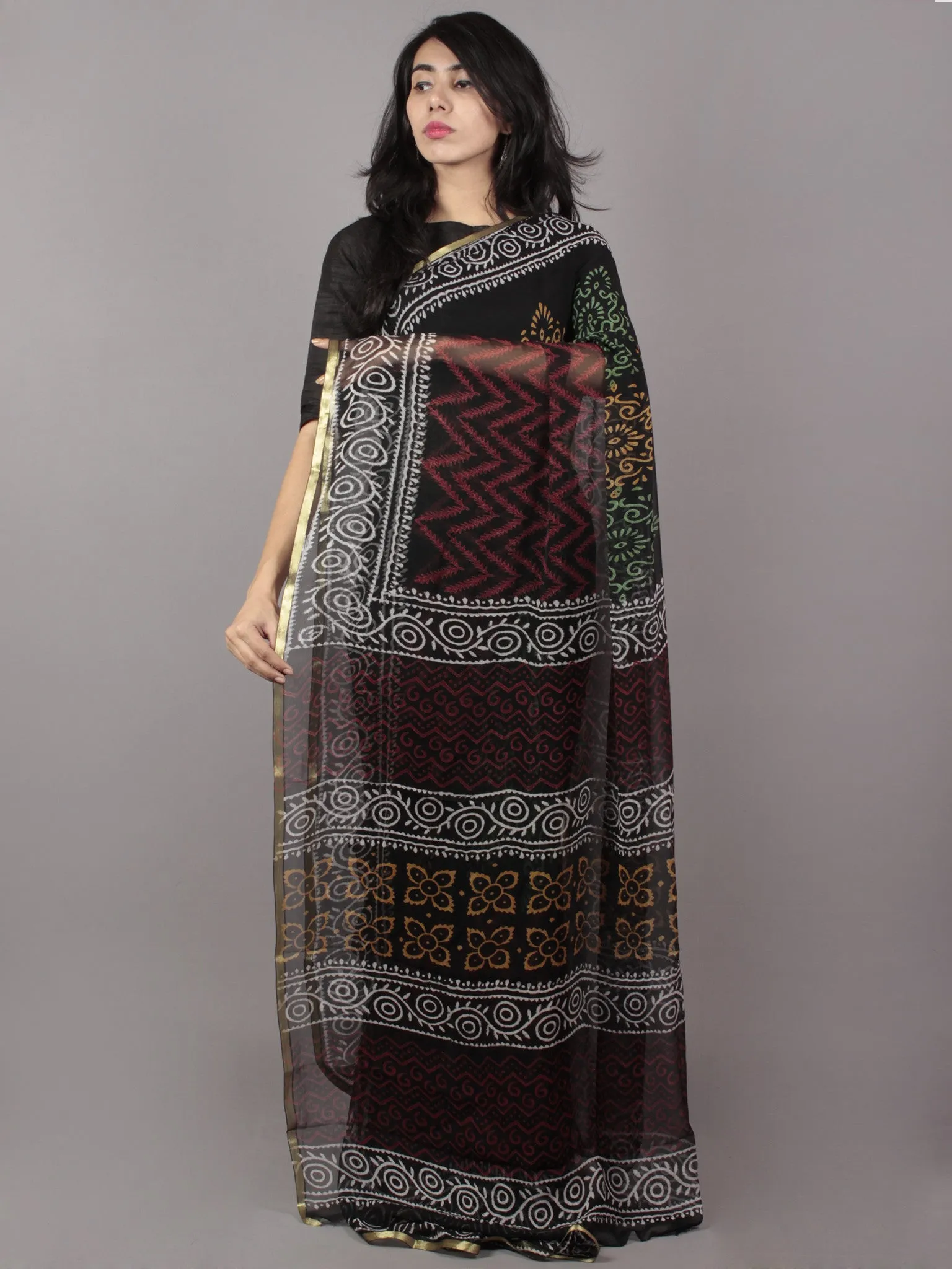 Black White Yellow Green Maroon Hand Block Printed Chiffon Saree - S031701679