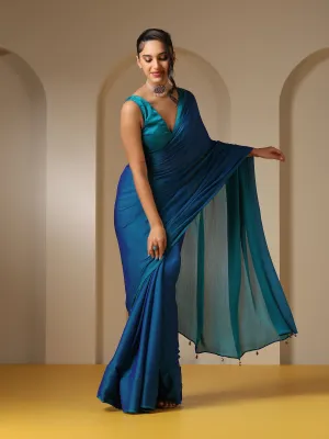 Blue Green Dual Shade Chiffon Saree with Self Blouse Fabric