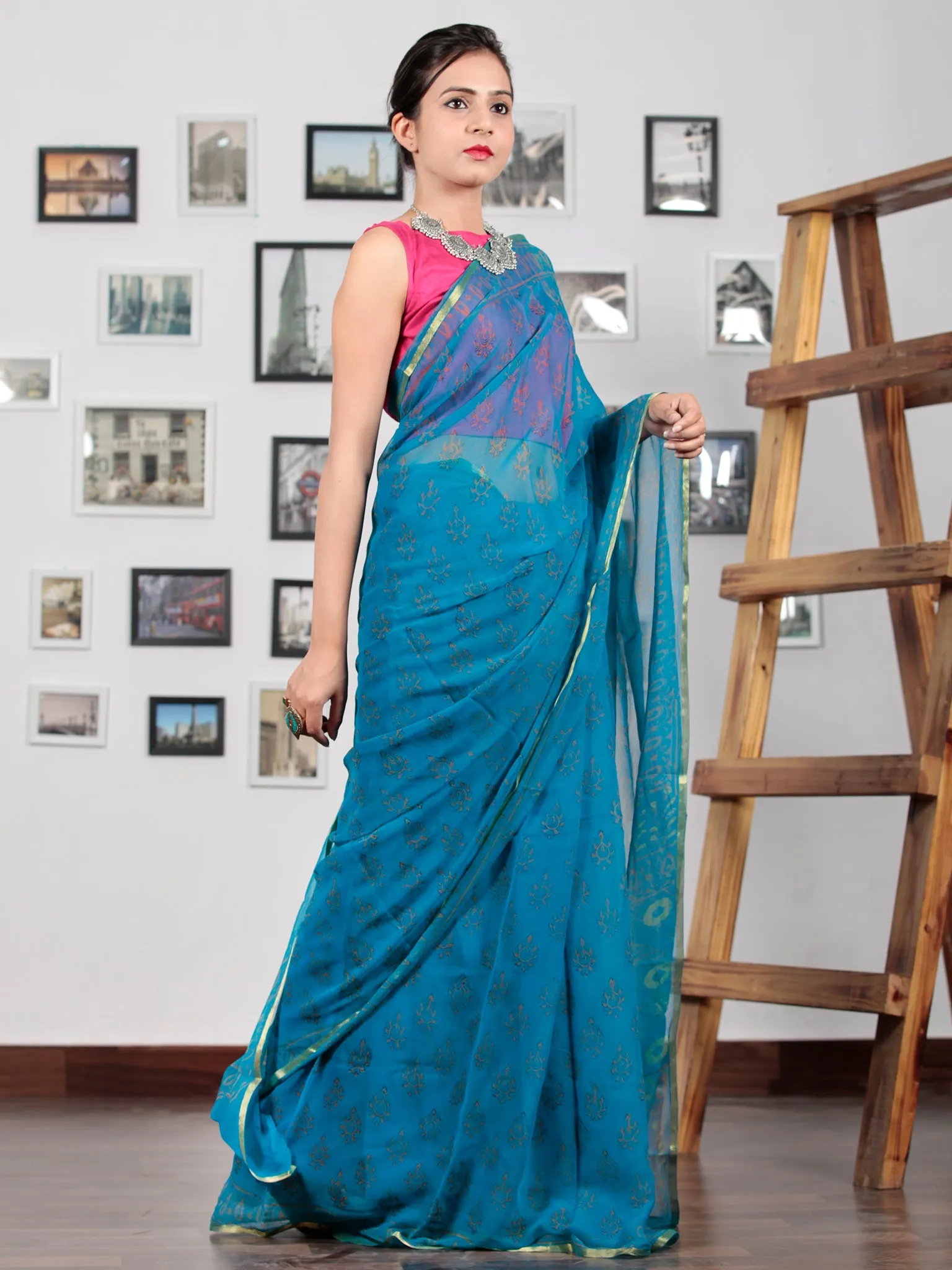 Blue Green Hand Block Printed Chiffon Saree with Zari Border - S031702757