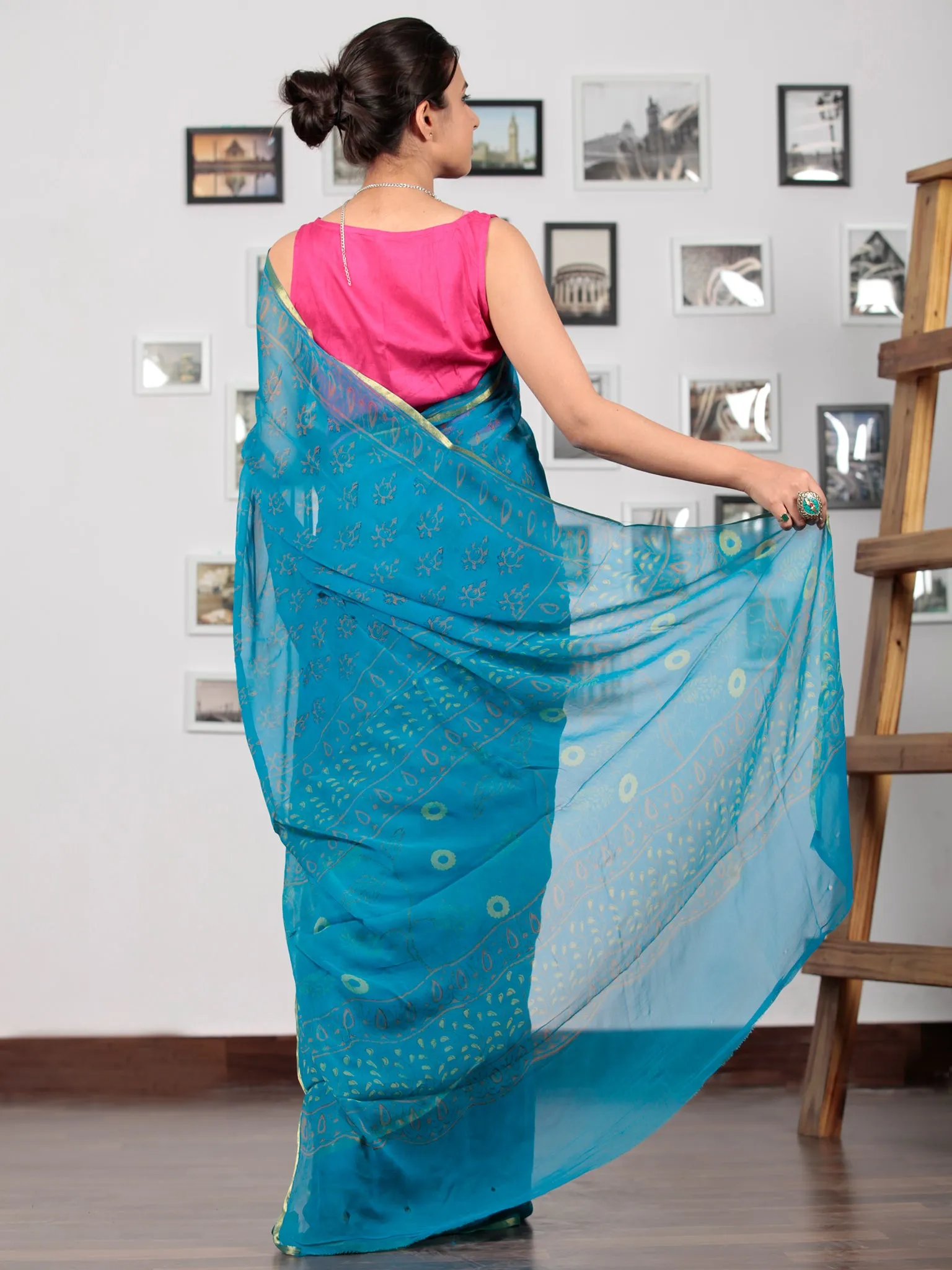 Blue Green Hand Block Printed Chiffon Saree with Zari Border - S031702757