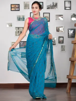 Blue Green Hand Block Printed Chiffon Saree with Zari Border - S031702757