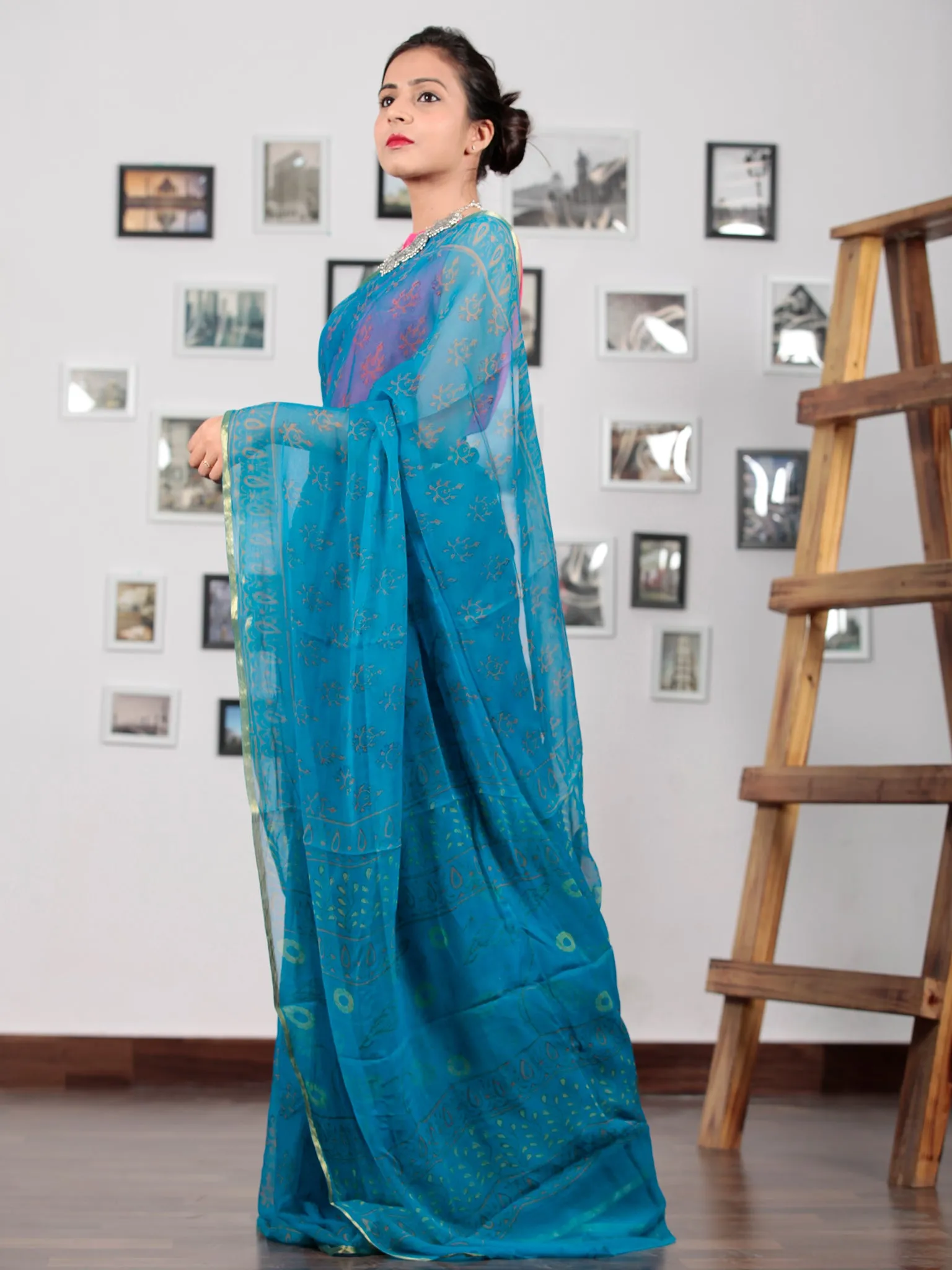 Blue Green Hand Block Printed Chiffon Saree with Zari Border - S031702757
