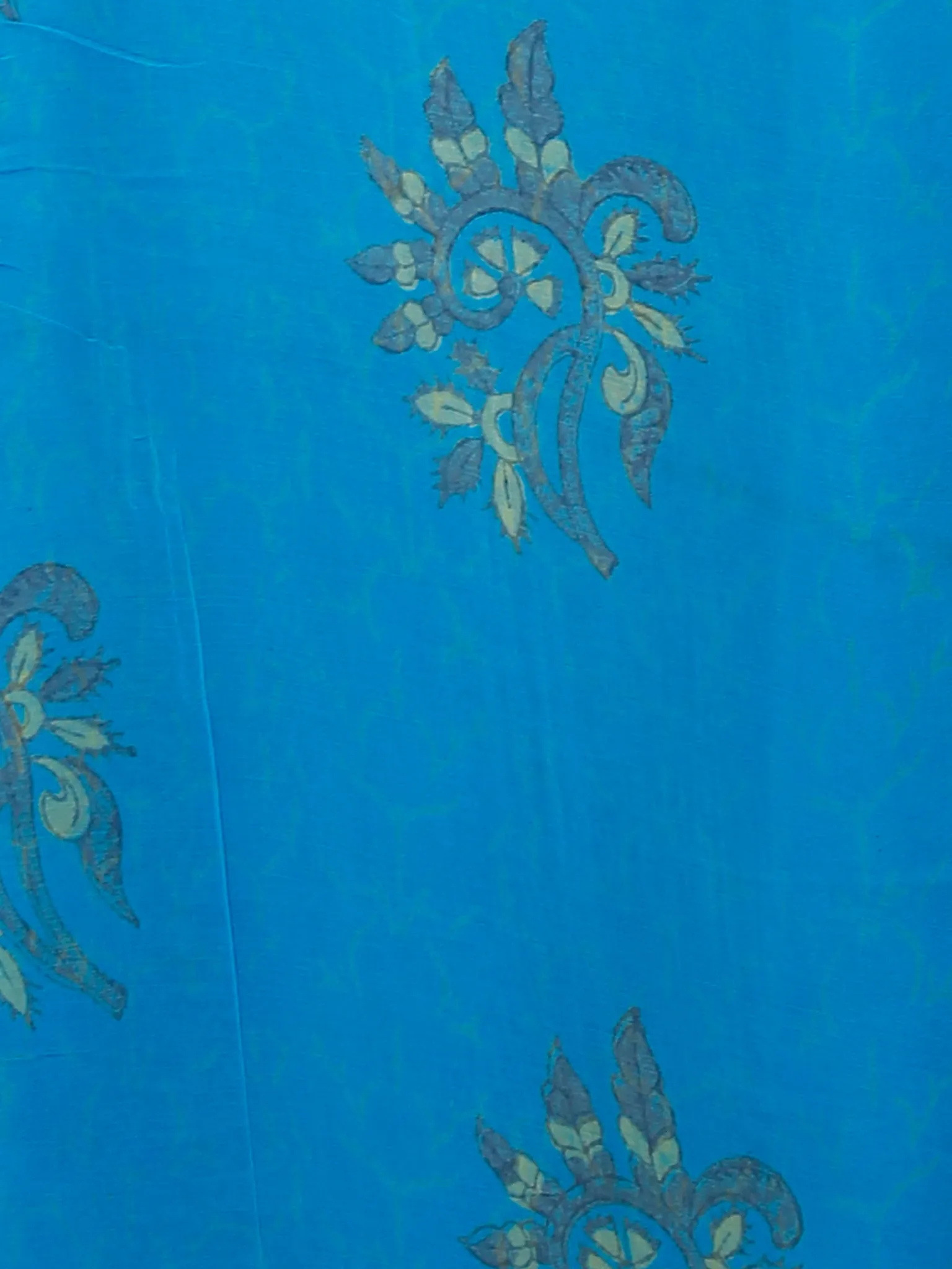 Blue Green Yellow Hand Block Printed Chiffon Saree with Zari Border - S031702808