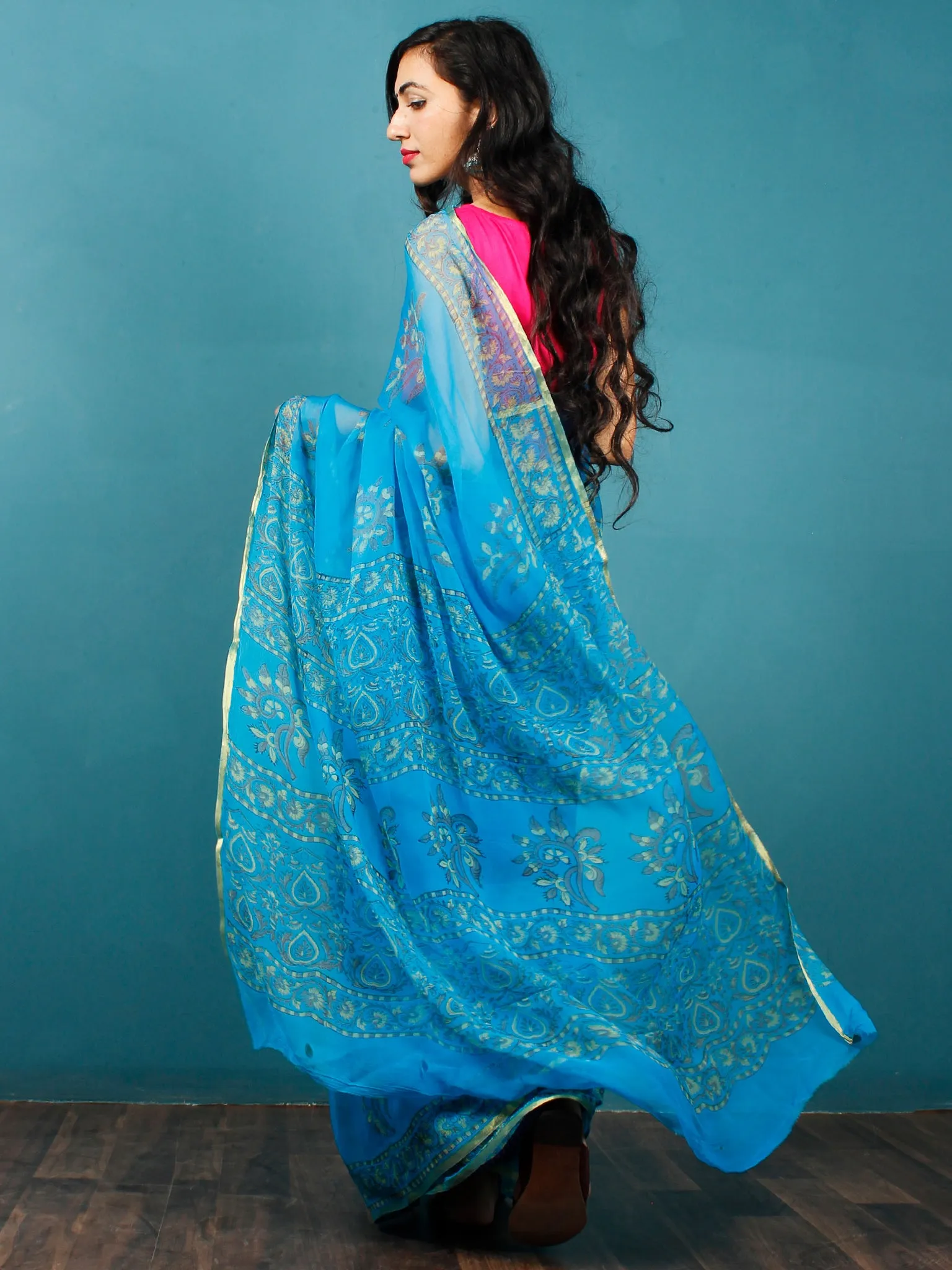 Blue Green Yellow Hand Block Printed Chiffon Saree with Zari Border - S031702808