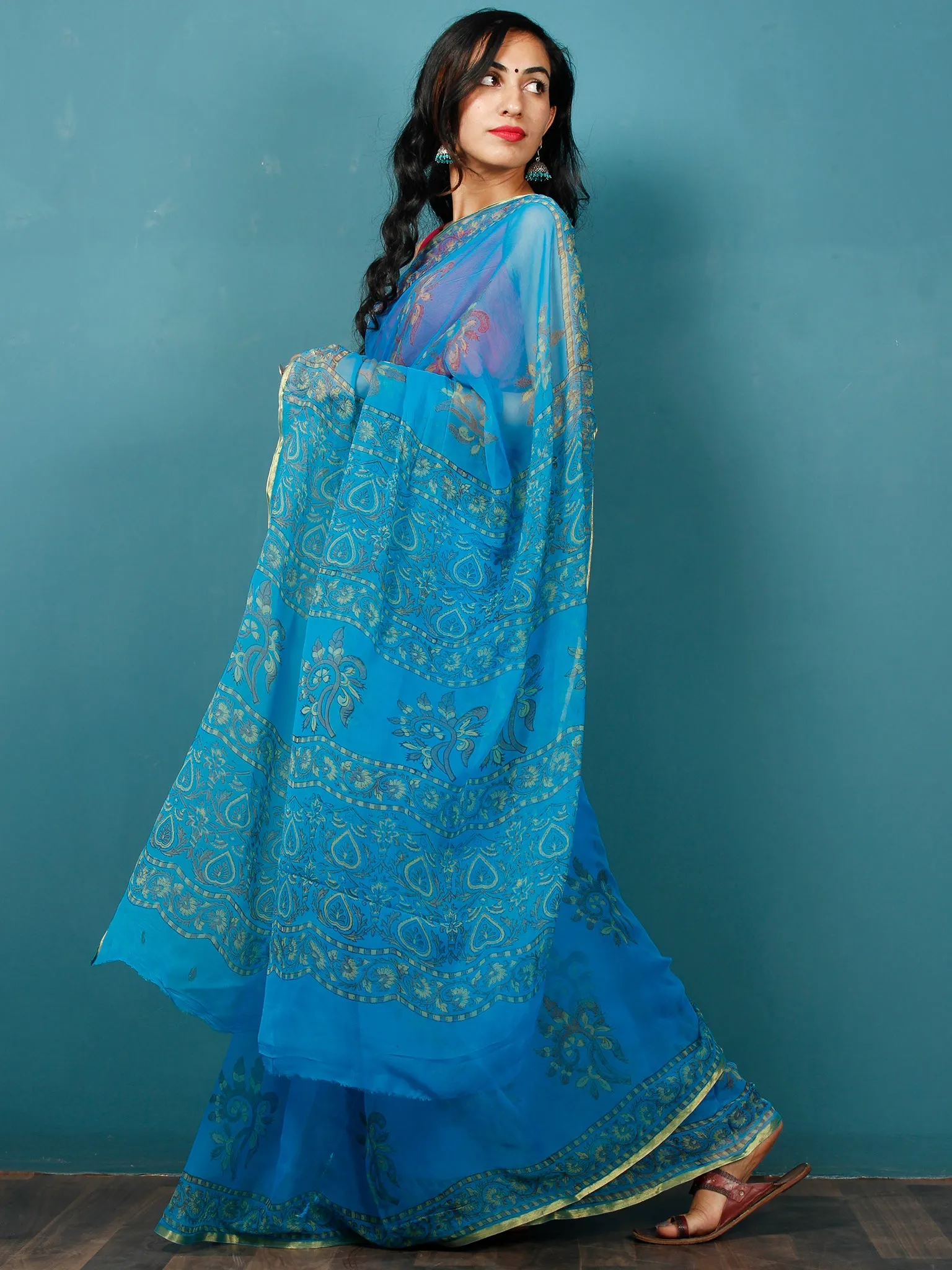 Blue Green Yellow Hand Block Printed Chiffon Saree with Zari Border - S031702808