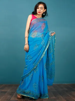 Blue Green Yellow Hand Block Printed Chiffon Saree with Zari Border - S031702808
