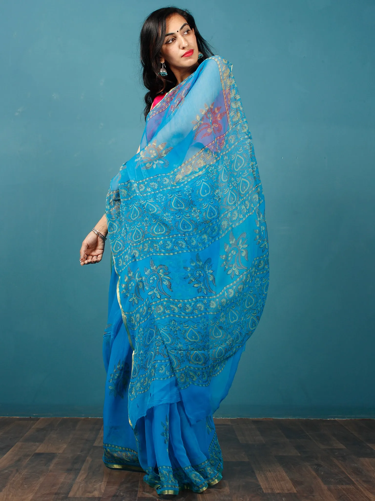 Blue Green Yellow Hand Block Printed Chiffon Saree with Zari Border - S031702808