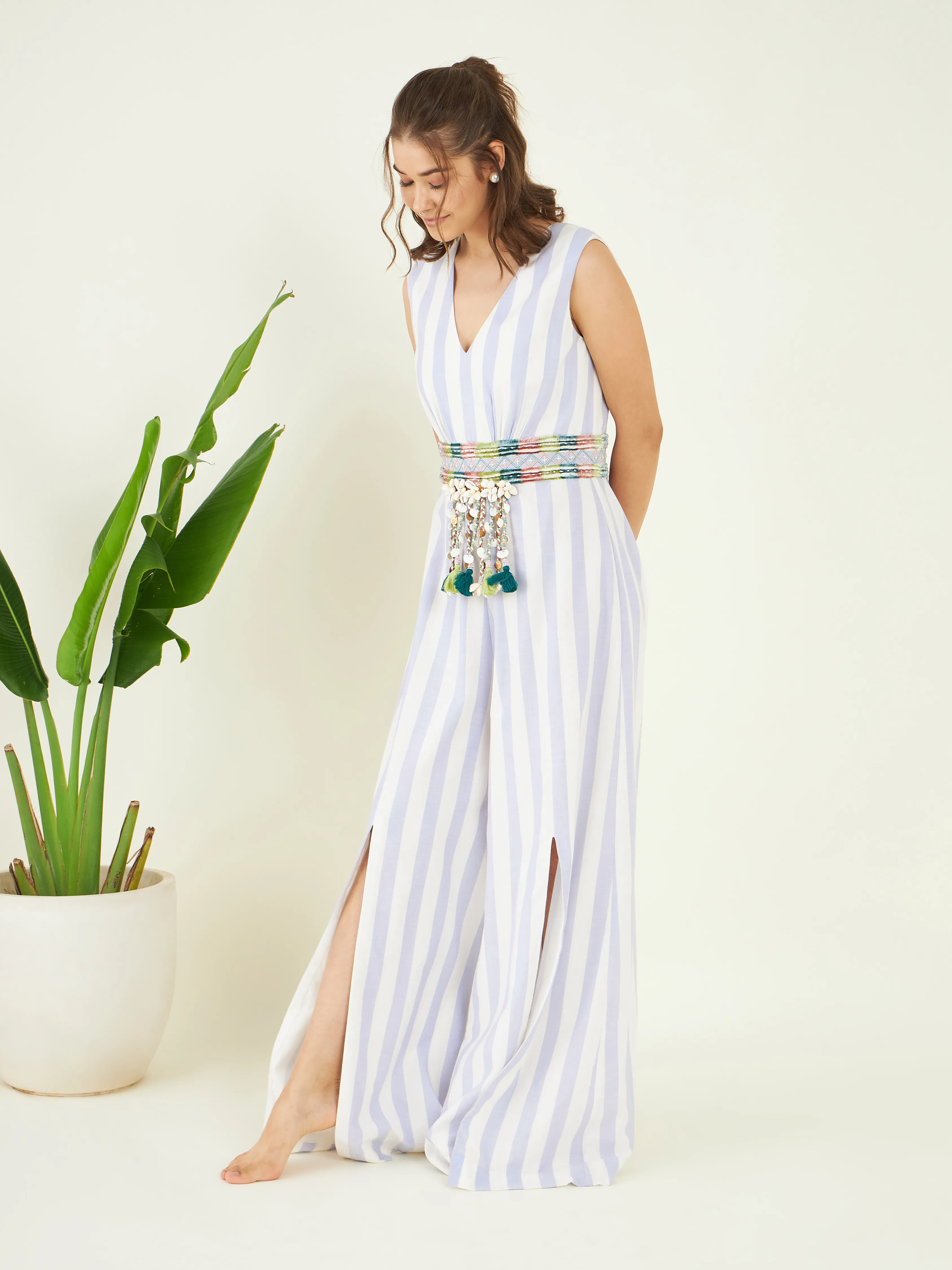 Blue Linen Striped Jumpsuit